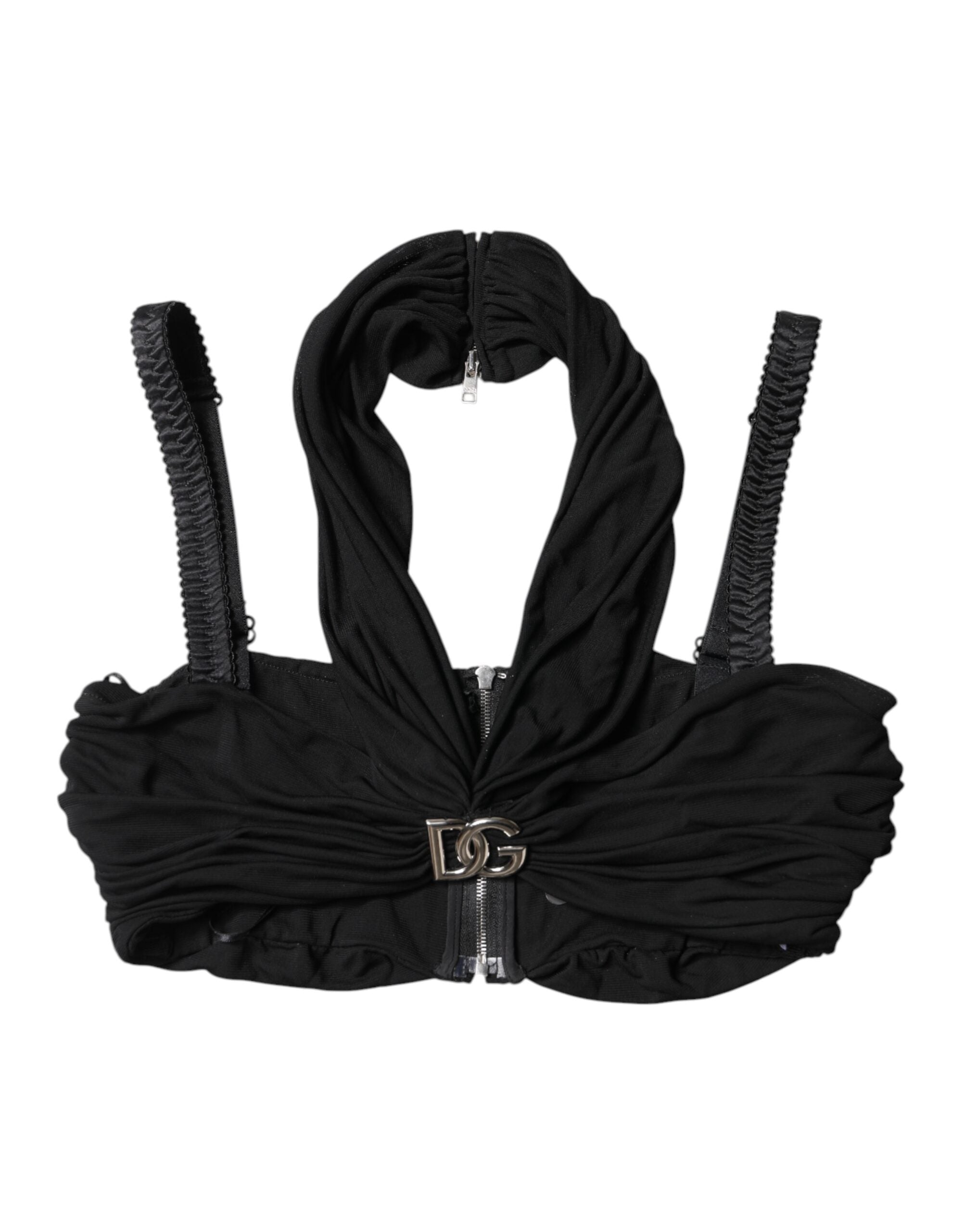 Haut bustier noir court en viscose Dolce & Gabbana avec encolure halter, porté à la mode et élégant.