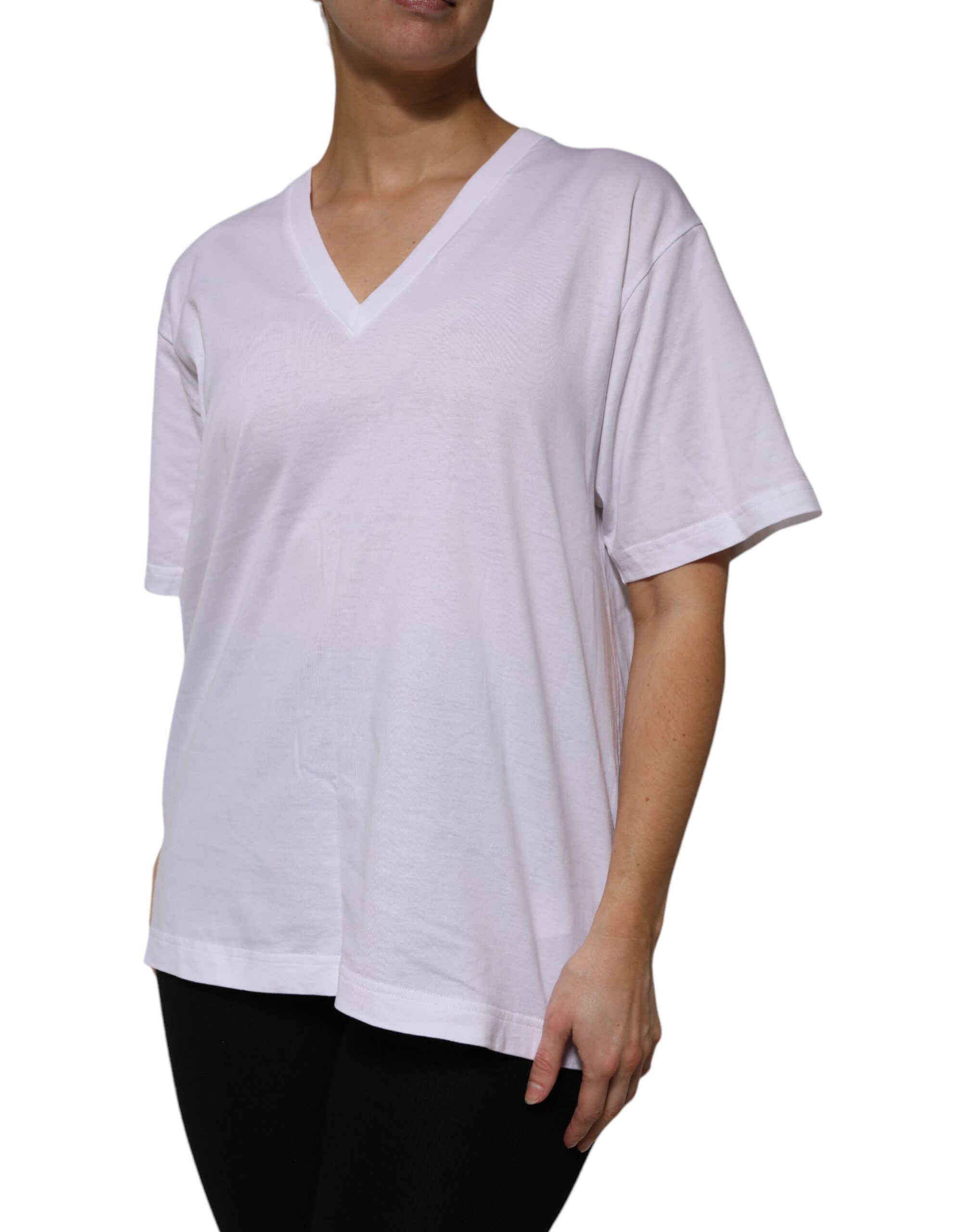 T-shirt blanc à manches courtes Dolce & Gabbana en coton avec décolleté en V, vue de face.