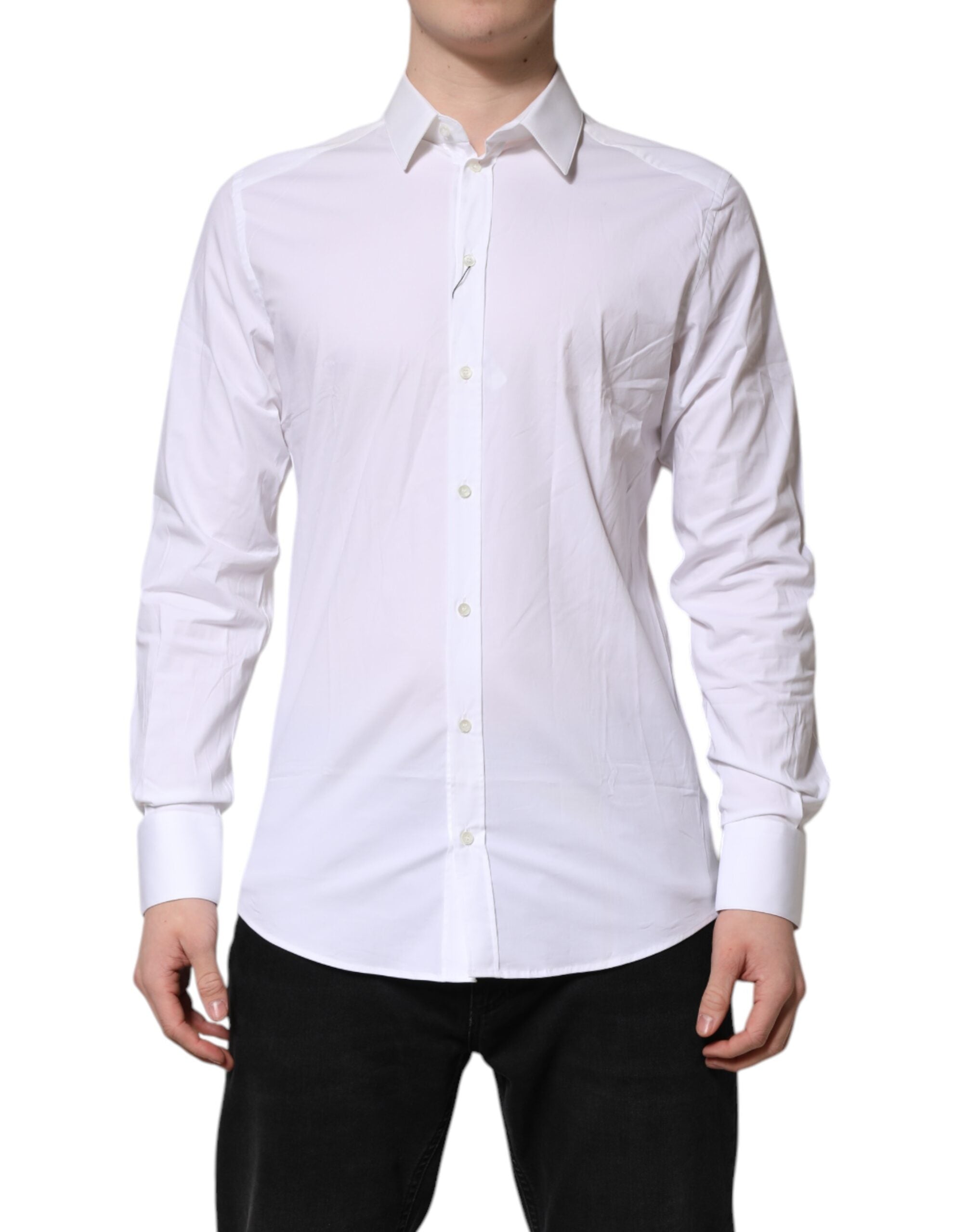 Chemise blanche Dolce & Gabbana en coton avec col, ornementée de détails dorés, élégante et sophistiquée.