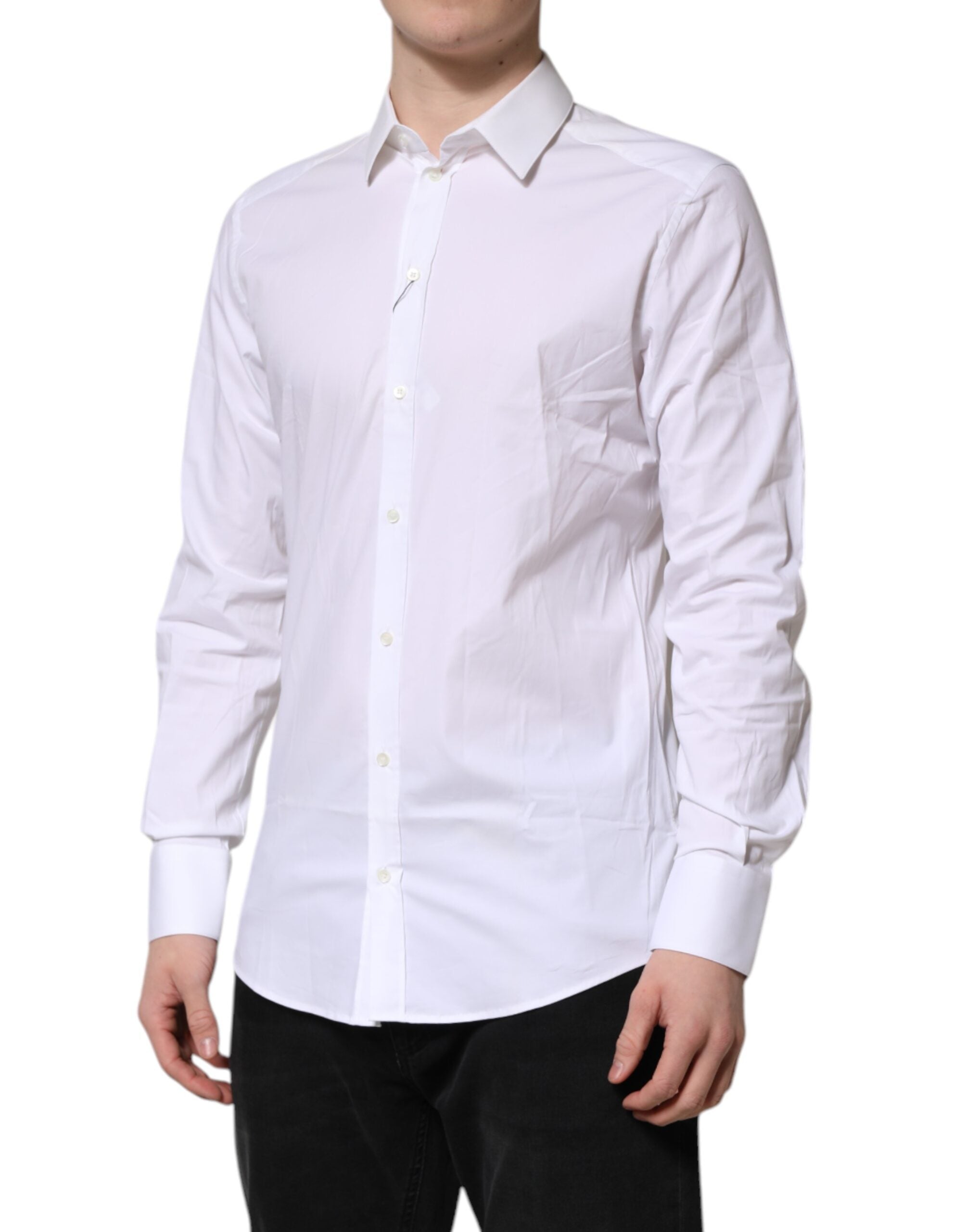 Chemise blanche Dolce & Gabbana en coton avec col, ornement doré, élégante chemise de style classique pour femme.
