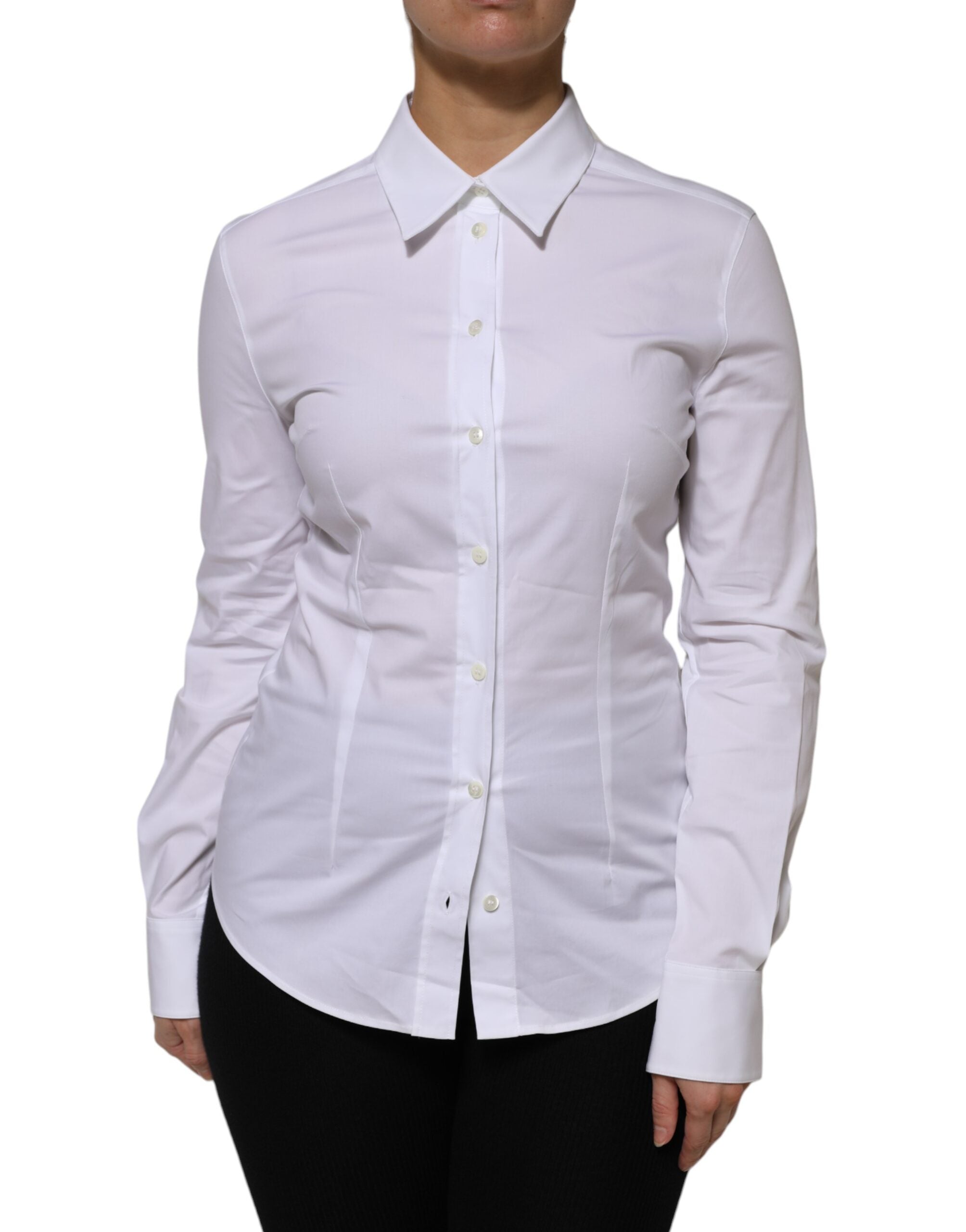 Chemise blanche en coton à col avec manches longues de Dolce & Gabbana, vue de face.