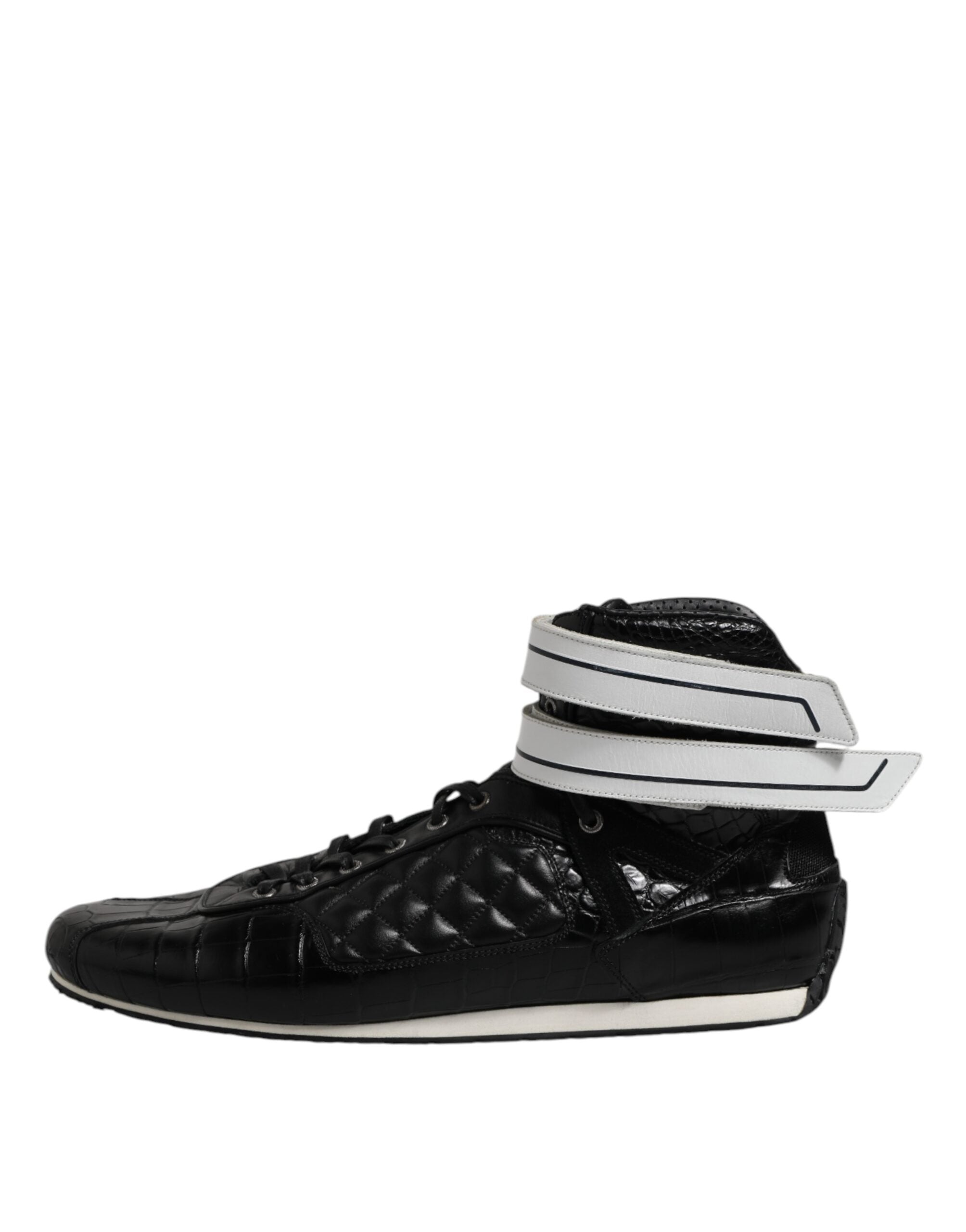 Chaussures sneakers noires en cuir matelassé Dolce & Gabbana avec lacets, vue de face sur fond blanc.