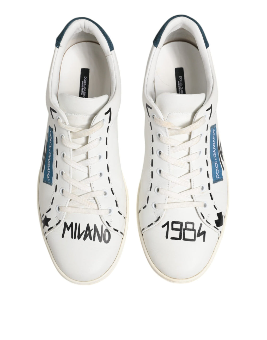 Chaussures sneakers basses en cuir blanc imprimé de Dolce & Gabbana, style élégant et moderne.