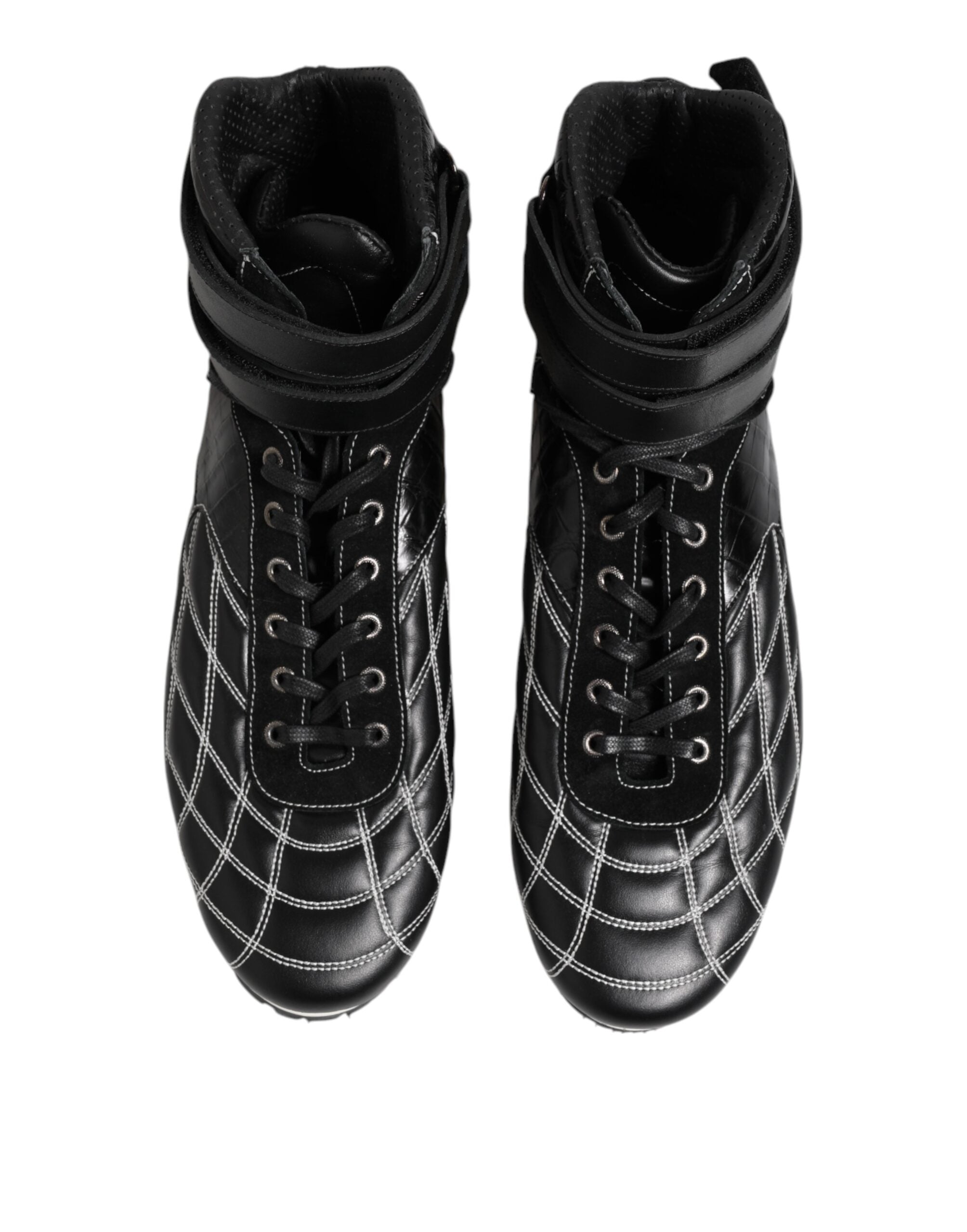 Chaussures sneakers noires en cuir matelassé avec lacets de la marque Dolce & Gabbana, vue de face.