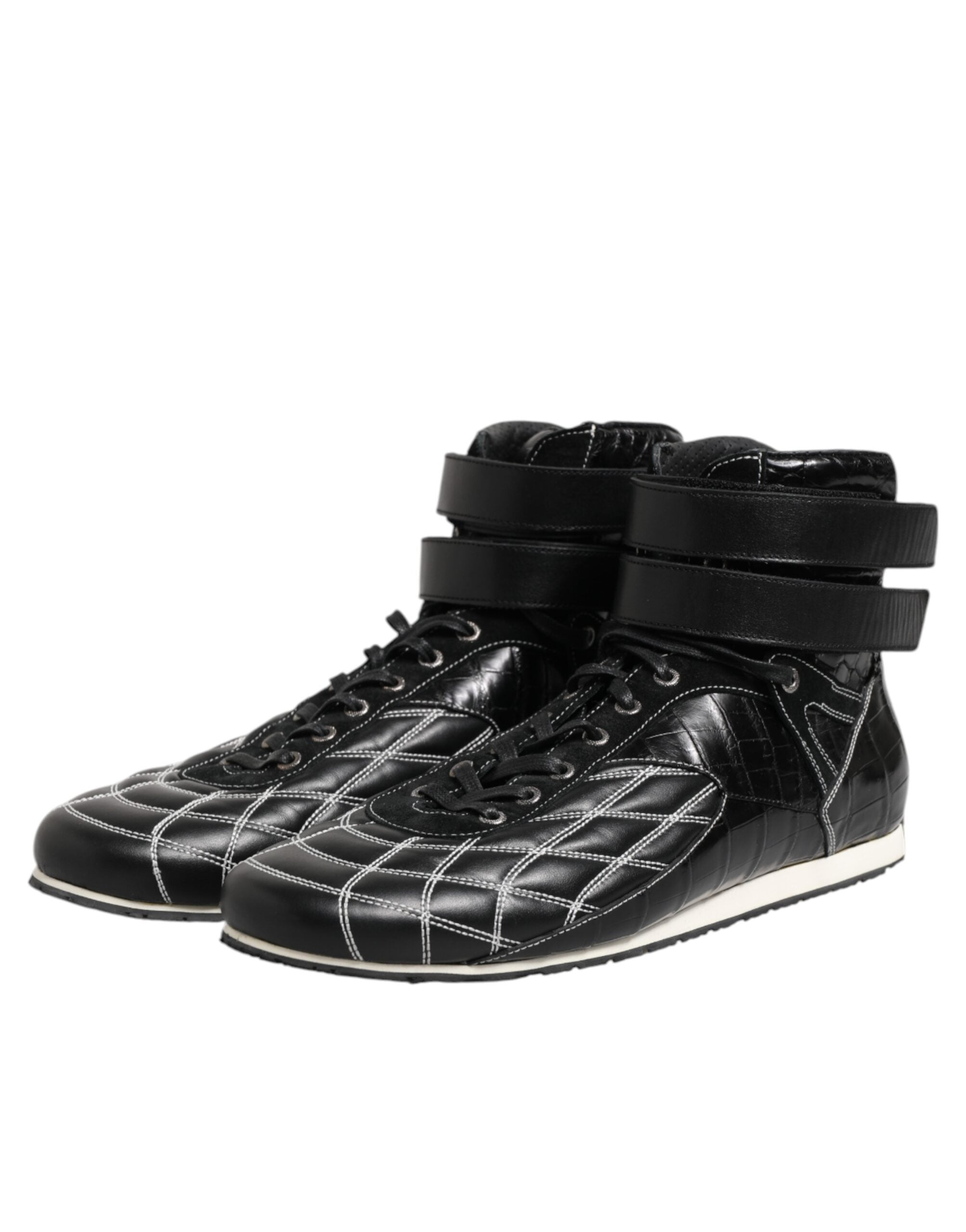 Chaussures sneakers noires en cuir matelassé avec lacets de la marque Dolce & Gabbana, vue de face.
