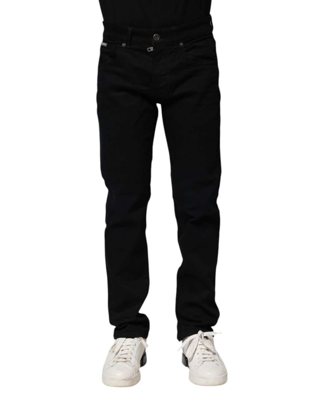 Jeans skinny en denim noir en coton de Dolce & Gabbana, coupe ajustée et détails modernes visibles sur l’image.