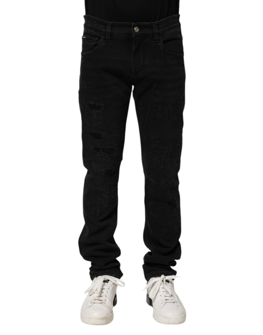 Jeans homme skinny en denim noir de Dolce & Gabbana, coton, coupe ajustée, détails modernes.