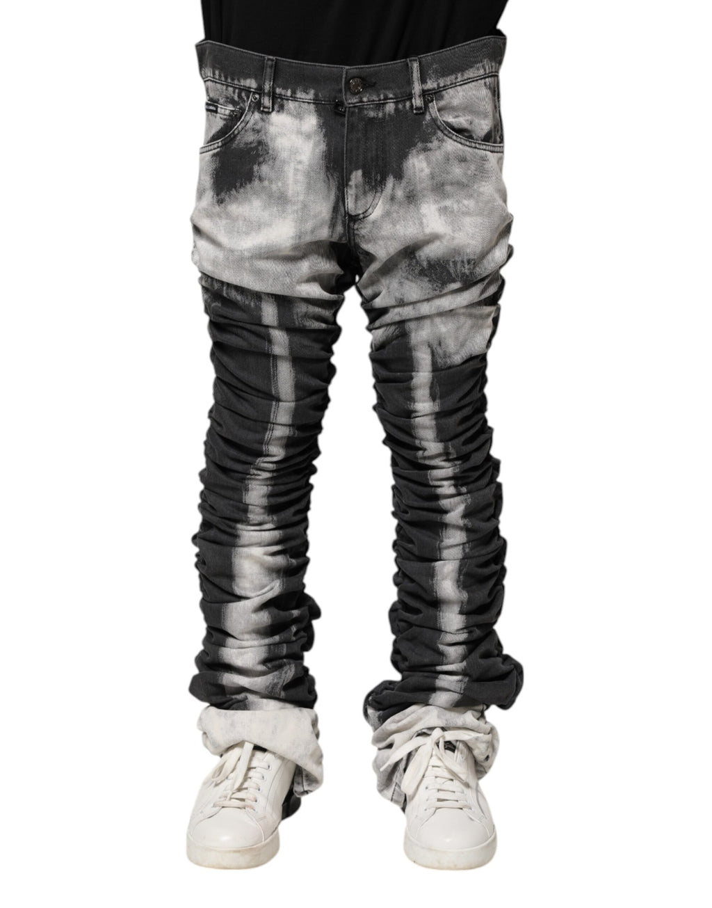 Jeans droits en denim tie-dye noir de Dolce & Gabbana, style décontracté, tissu en coton avec motif coloré unique.
