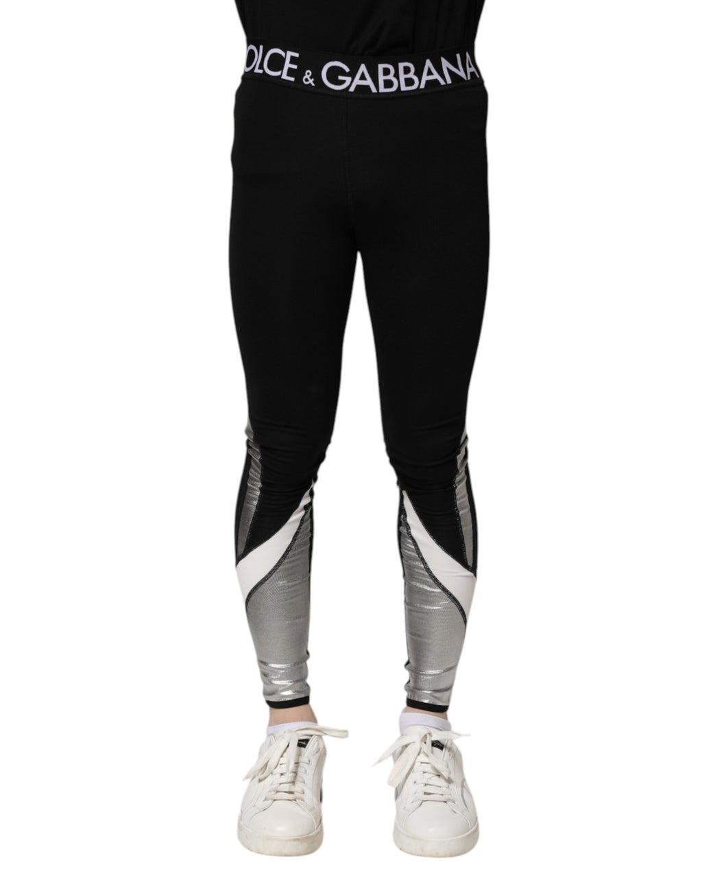 Pantalons leggings pour homme Dolce & Gabbana en nylon noir et argent, coupe skinny, style élégant et moderne.