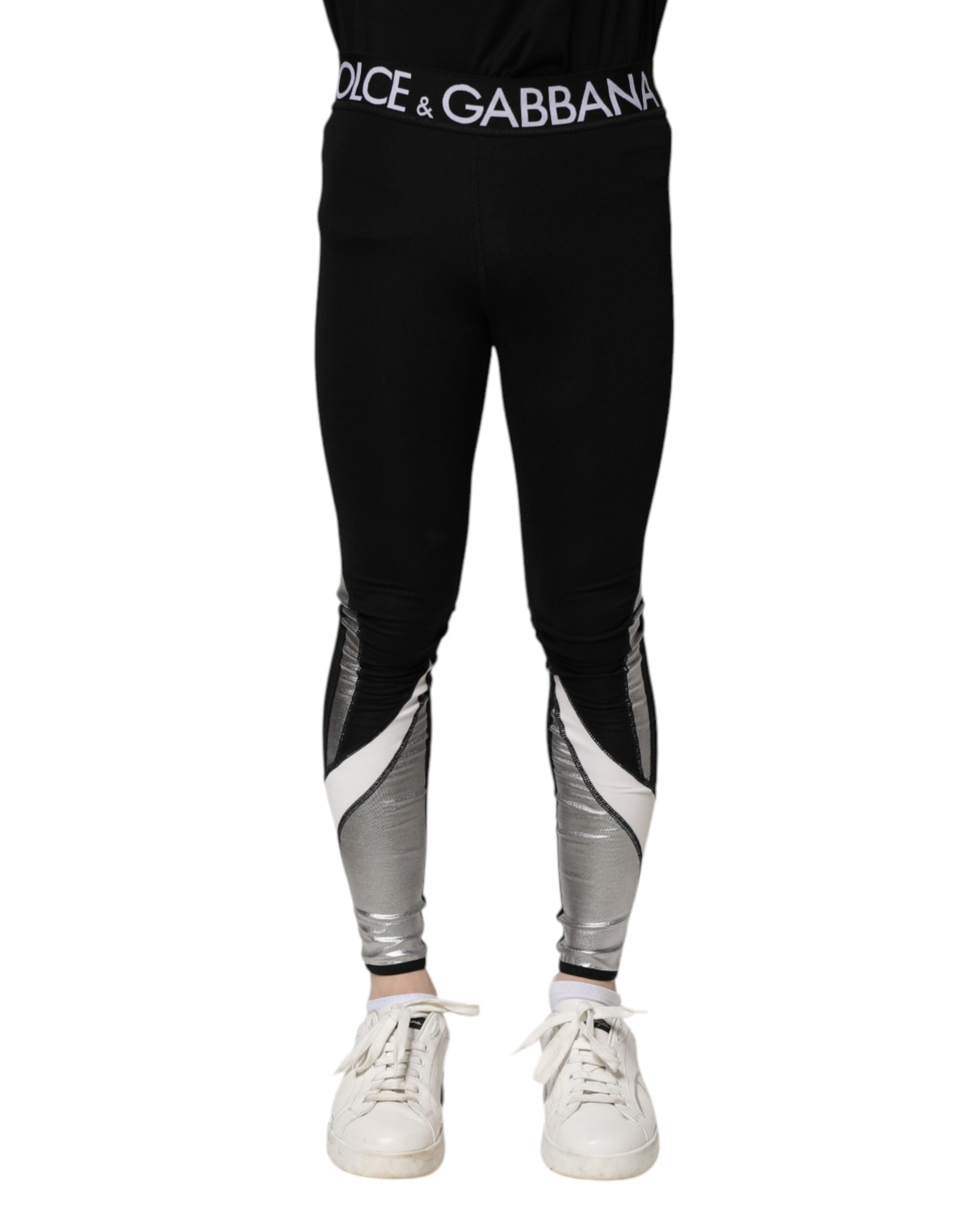 Pantalons leggings pour homme Dolce & Gabbana en nylon noir et argent, coupe skinny, style élégant et moderne.