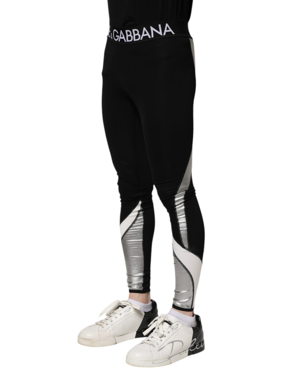 Leggings skinny pour homme Dolce & Gabbana en nylon noir avec détails argentés, ajustés et modernes.