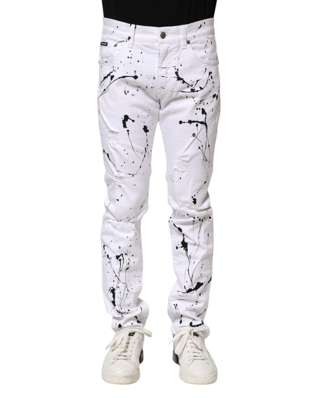 Jeans skinny en denim blanc Dolce & Gabbana ColorSplash, coupe ajustée et détails colorés, vue de face.