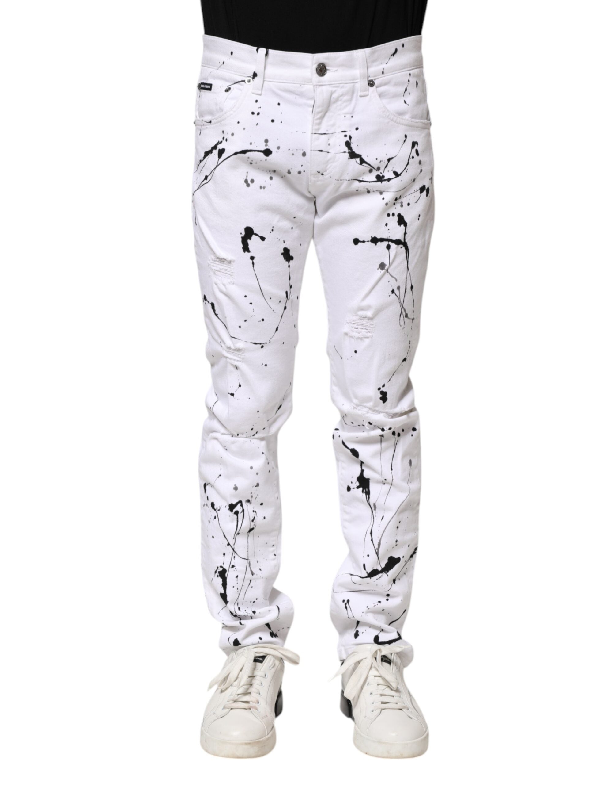 Jeans skinny en denim blanc Dolce & Gabbana ColorSplash, coupe ajustée et détails colorés, vue de face.