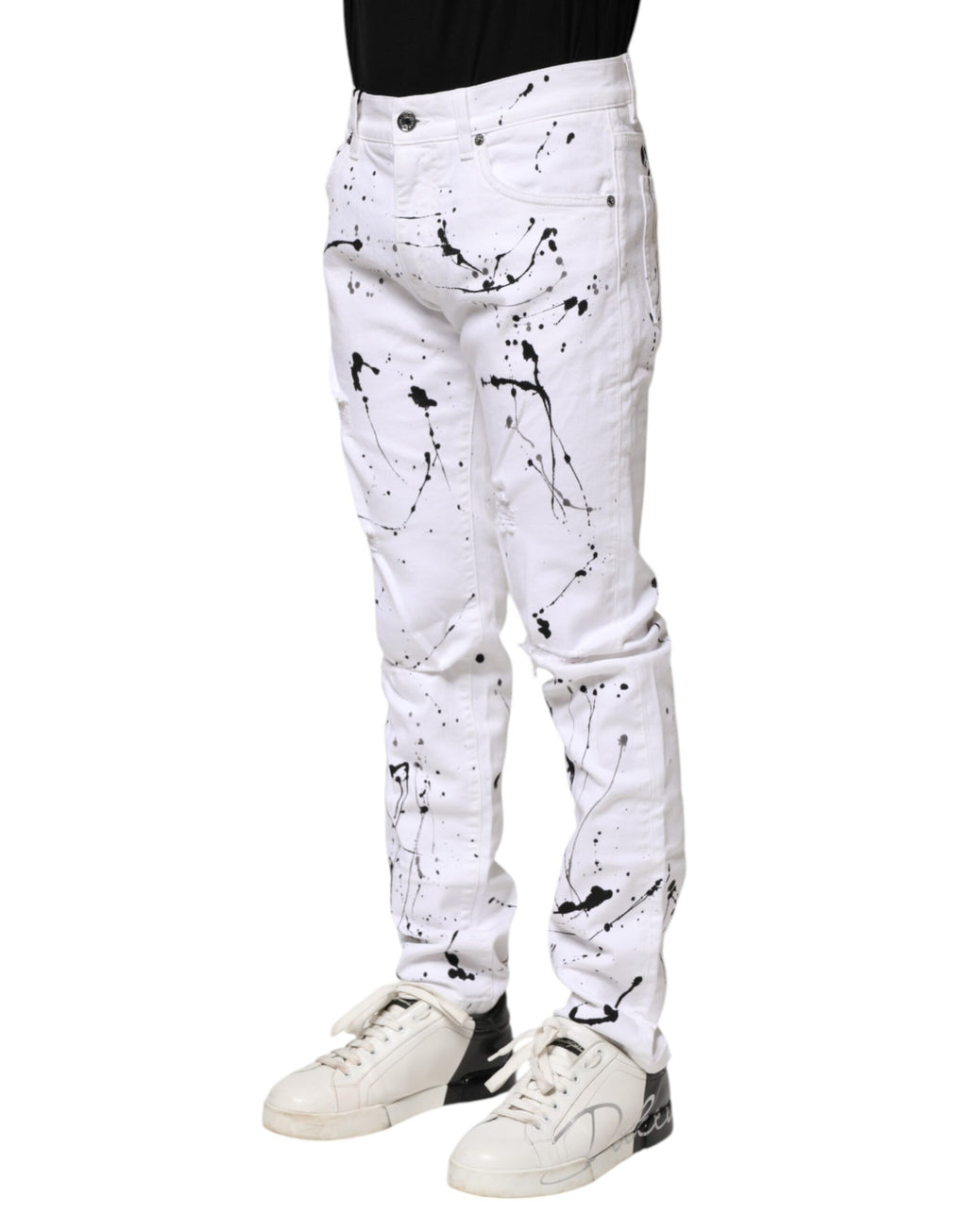 Jeans skinny Dolce & Gabbana ColorSplash blancs en denim avec détails colorés et coupe ajustée, vue de face.