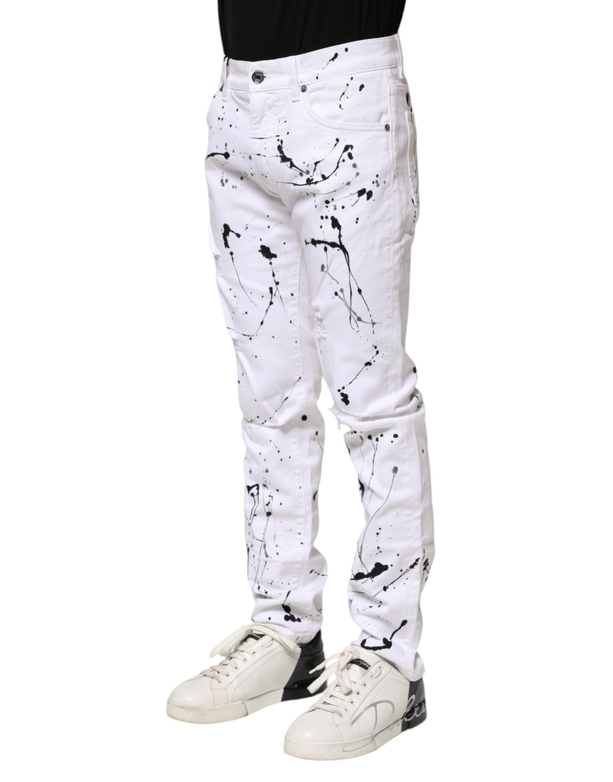 Jeans skinny Dolce & Gabbana ColorSplash blancs en denim avec détails colorés et coupe ajustée, vue de face.