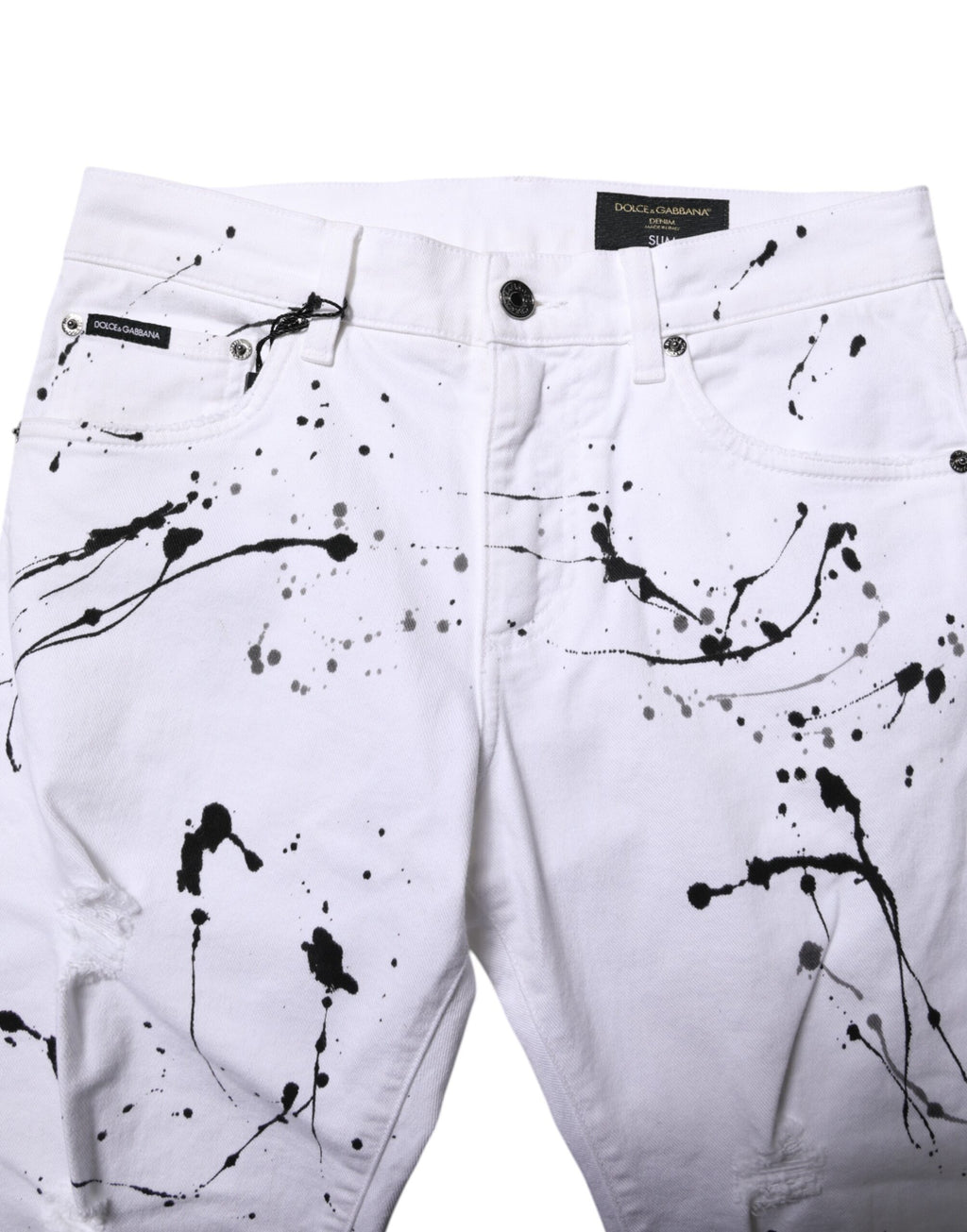 Jeans skinny blanc Dolce & Gabbana ColorSplash en denim, affichant un style moderne avec des détails colorés et une coupe ajustée.