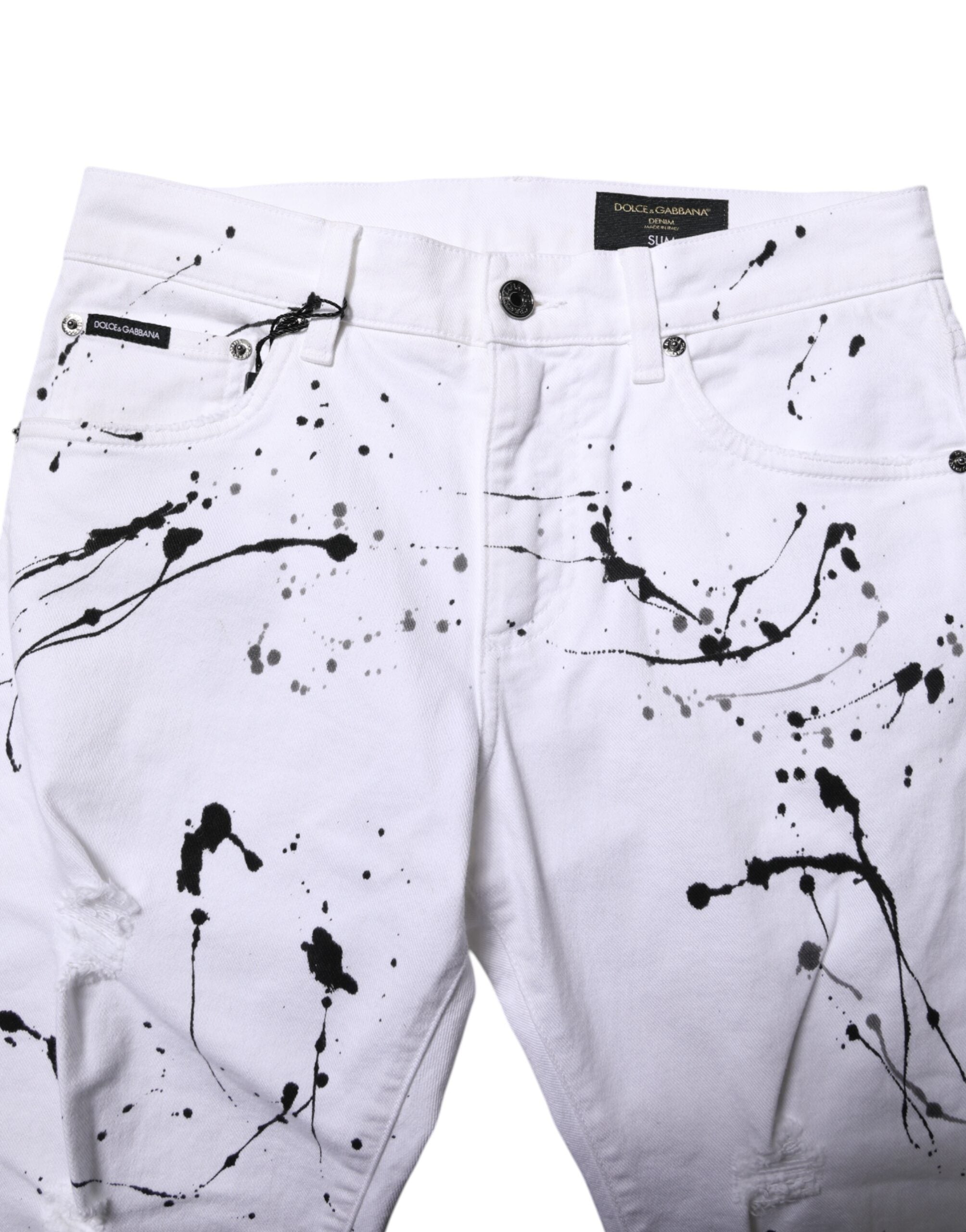 Jeans skinny blanc Dolce & Gabbana ColorSplash en denim, affichant un style moderne avec des détails colorés et une coupe ajustée.