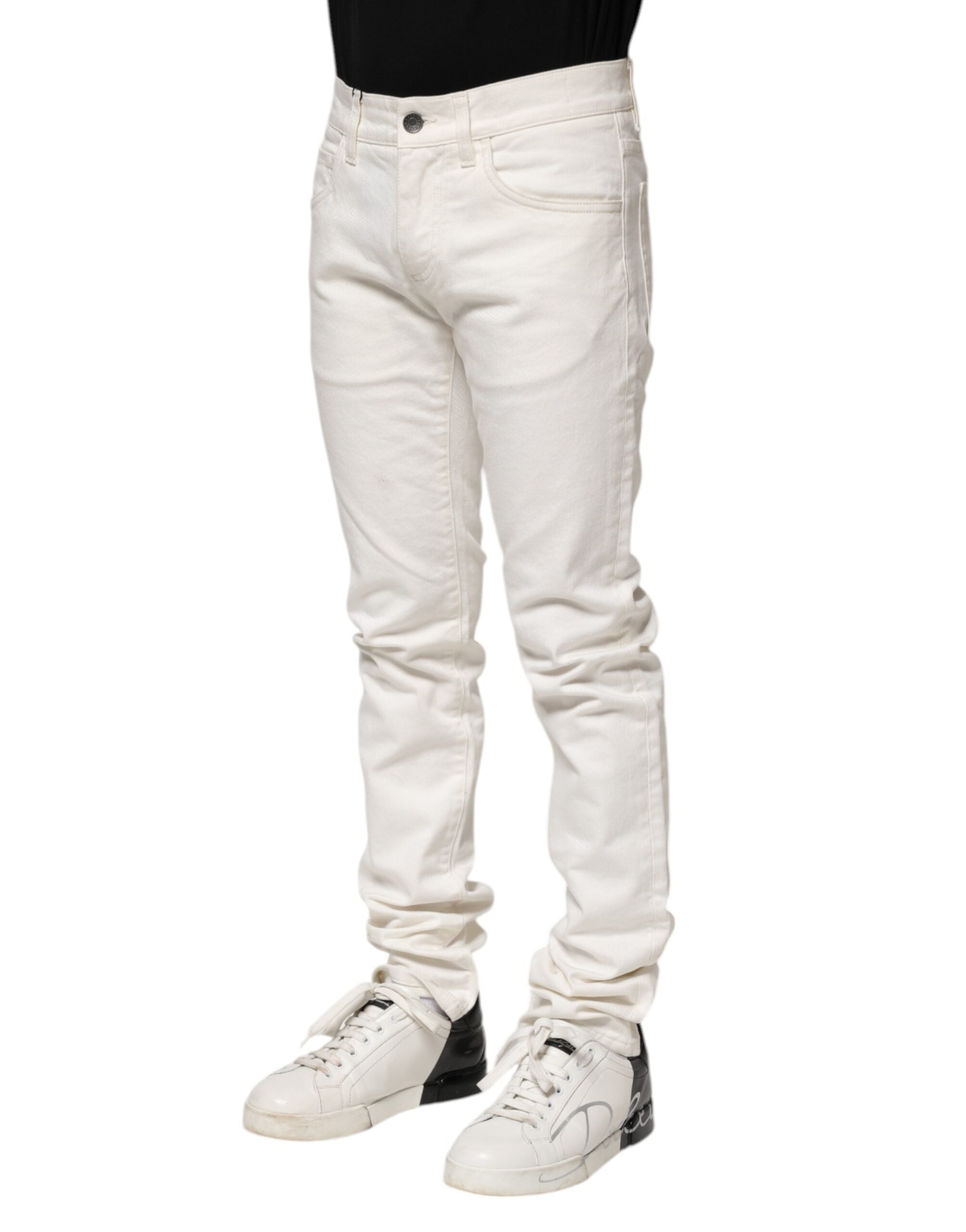 Jeans skinny en coton blanc Dolce & Gabbana pour homme, jean en denim ajusté avec fermeture éclair et poches avant.