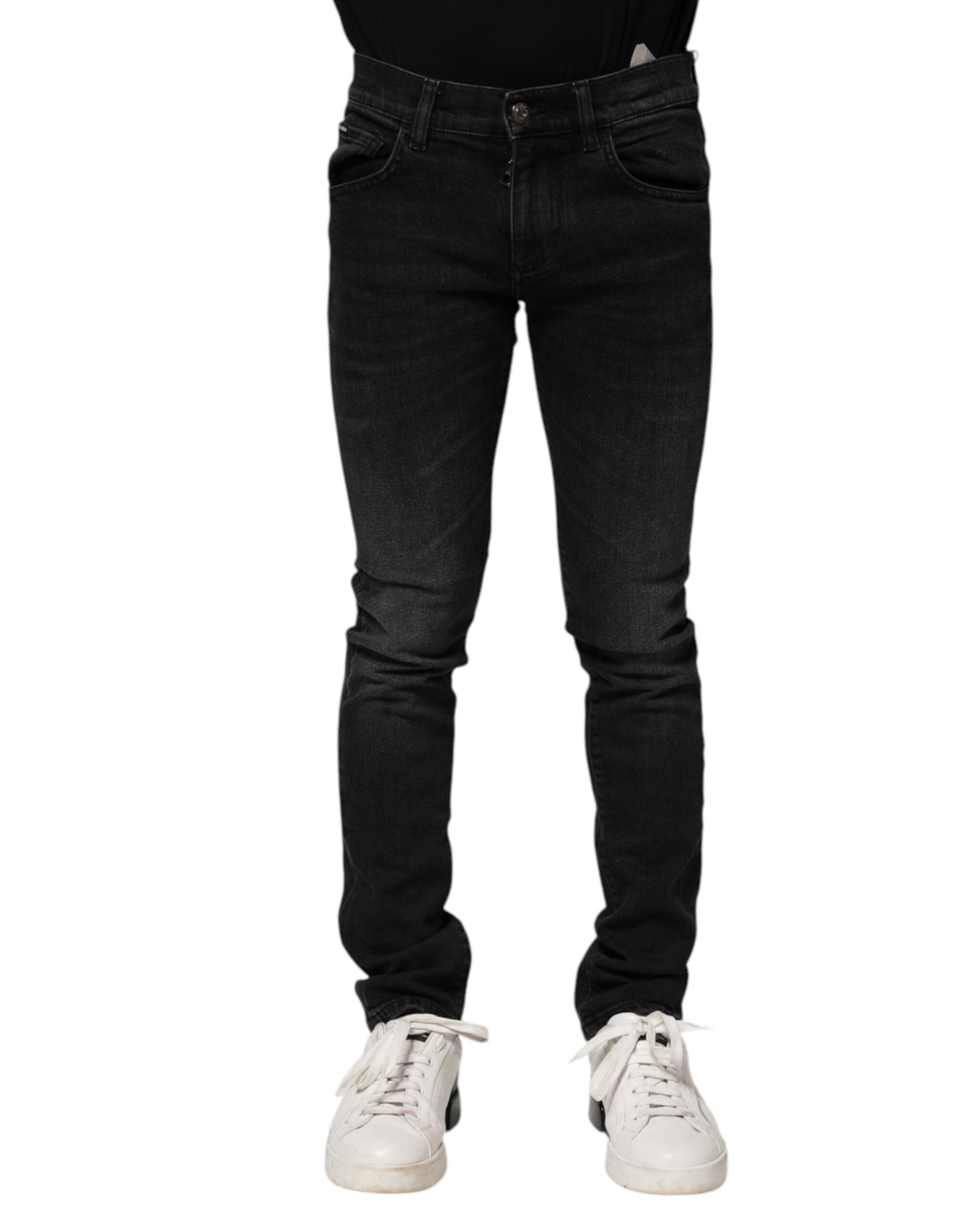 Jeans homme skinny en coton noir de Dolce & Gabbana, coupe ajustée et détails classiques, vue de face.