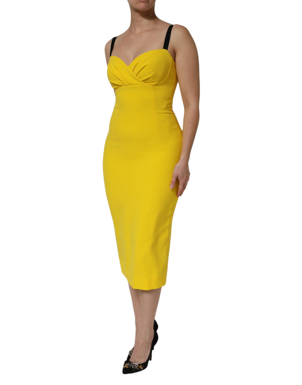 Robe midi sans manches en polyester jaune de Dolce & Gabbana, coupe ajustée et élégante, vue de face.