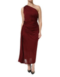 Robe midi rouge en viscose Dolce & Gabbana à une épaule, coupe ajustée et élégante, portée en soirée ou pour une occasion spéciale.
