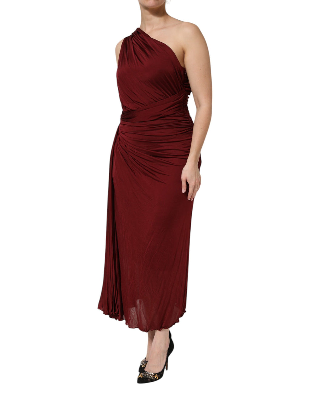 Robe midi rouge en viscose Dolce & Gabbana, ajustée et une épaule, vêtement élégant et féminin.