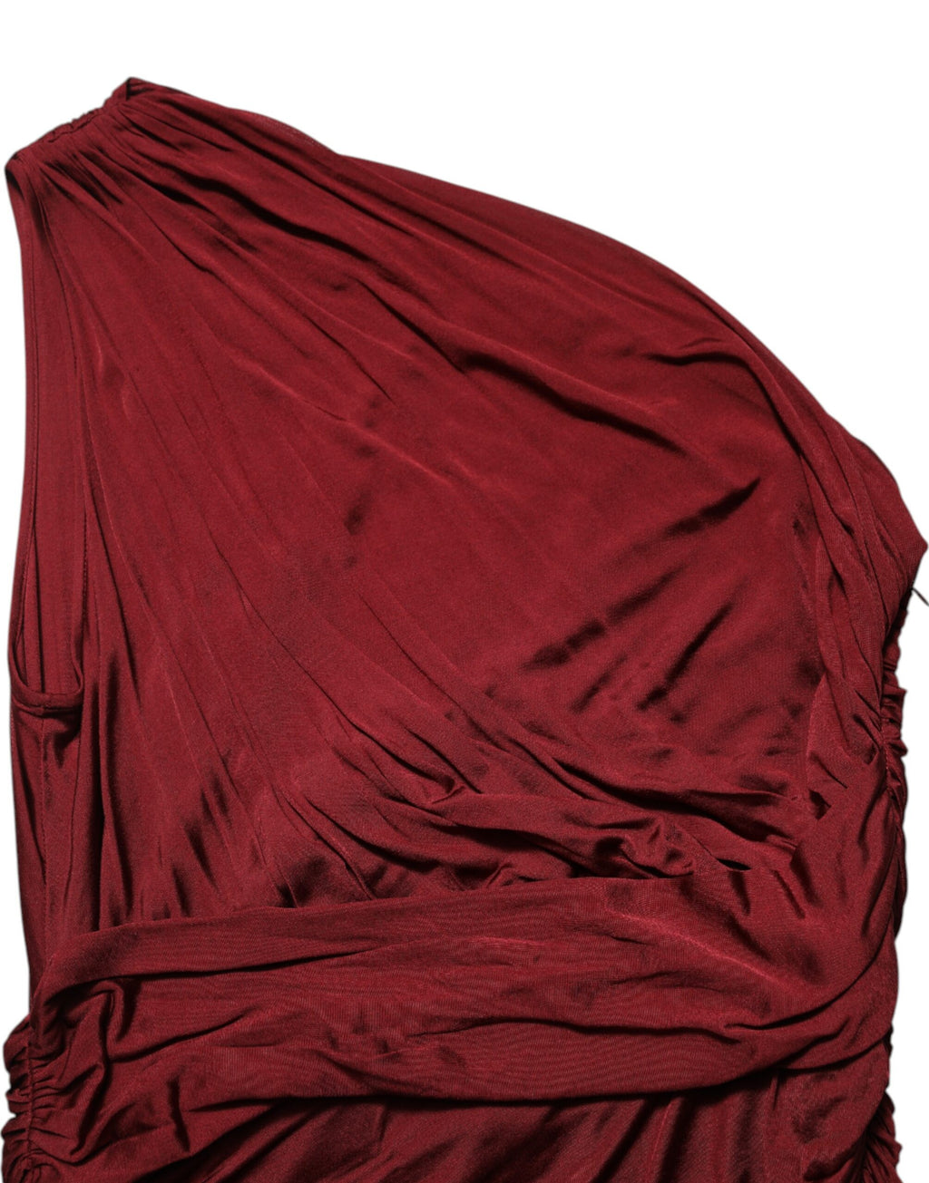 Robe midi rouge en viscose Dolce & Gabbana, ajustée, une épaule, élégante et féminine, portée sur un mannequin.