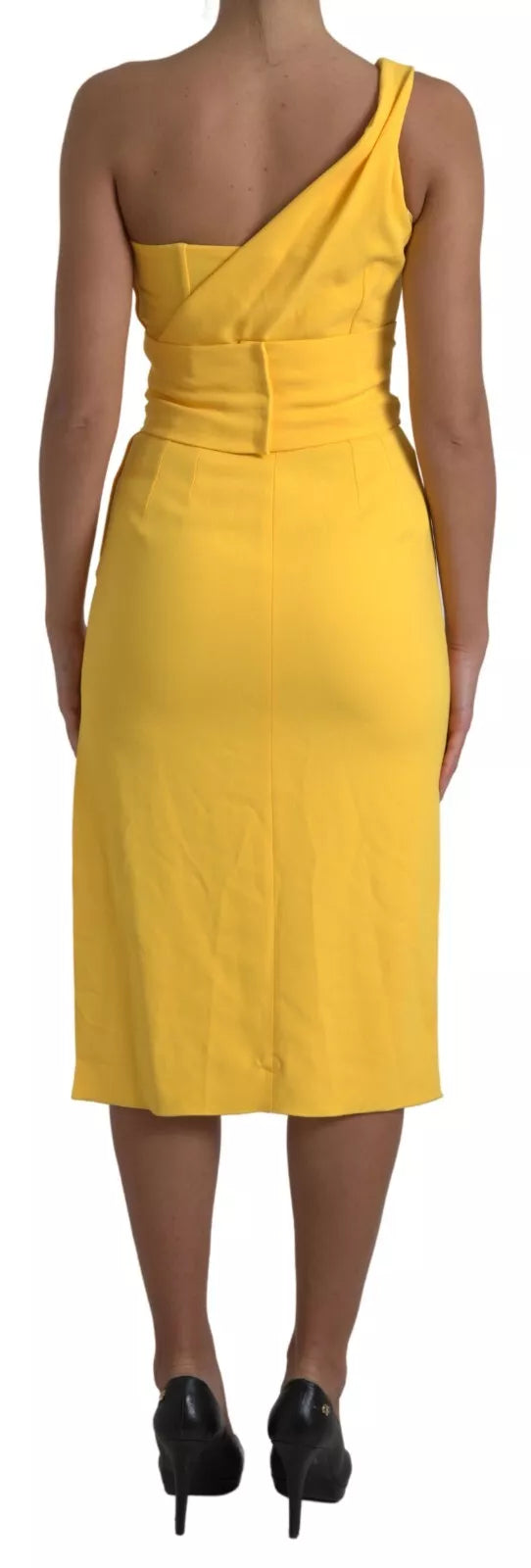 Robe bustier jaune à une épaule avec fente latérale, élégante robe de soirée Dolce & Gabbana, vue de face sur mannequin