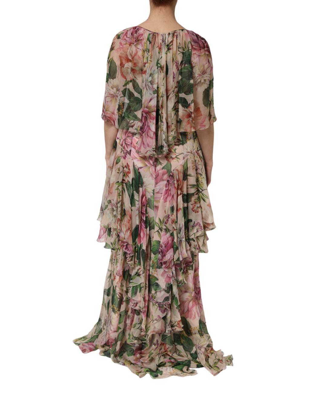 Robe longue à imprimé floral rose en plusieurs couches de Dolce & Gabbana, style maxi avec détails fleuris et élégant.
