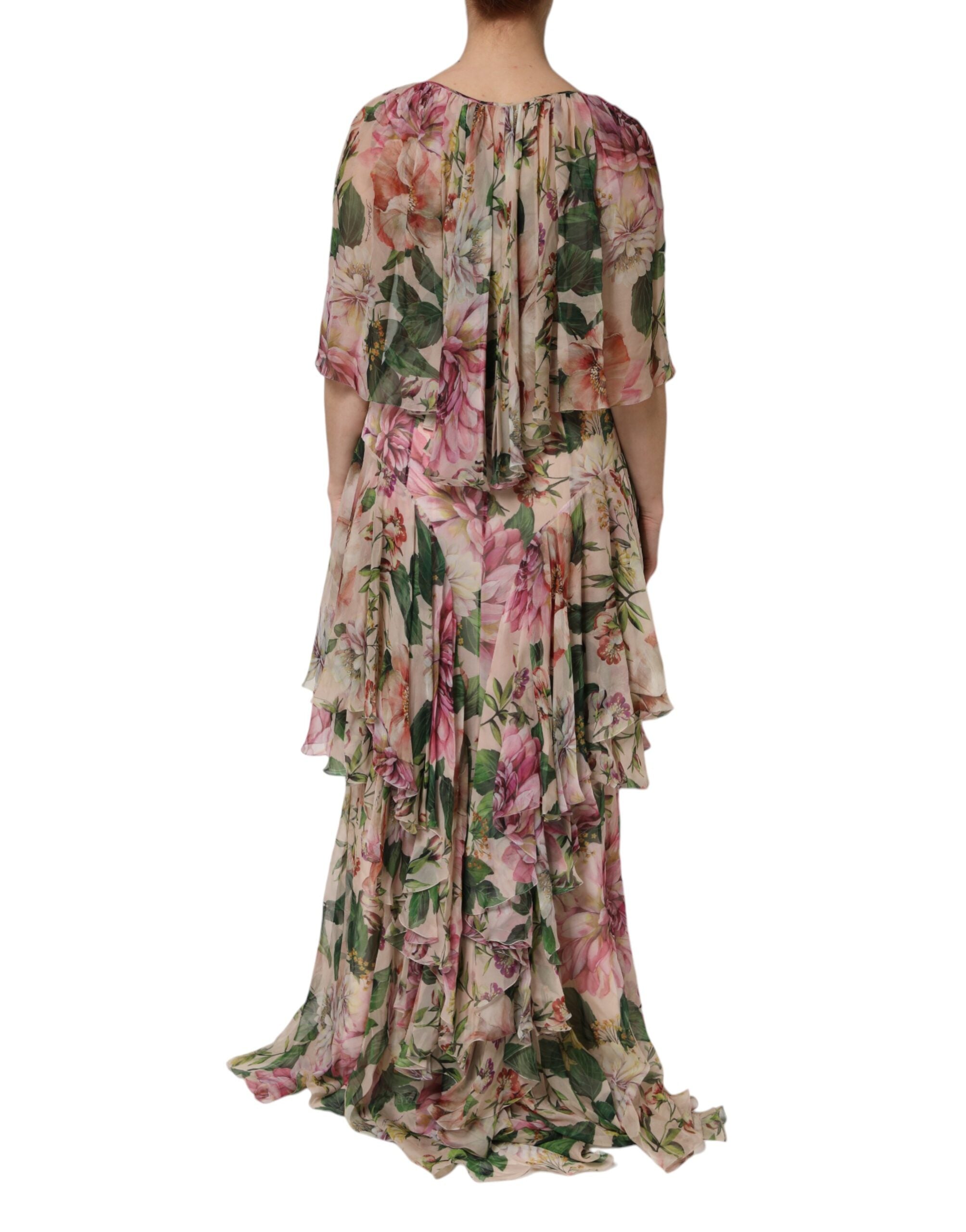 Robe longue à imprimé floral rose en plusieurs couches de Dolce & Gabbana, style maxi avec détails fleuris et élégant.