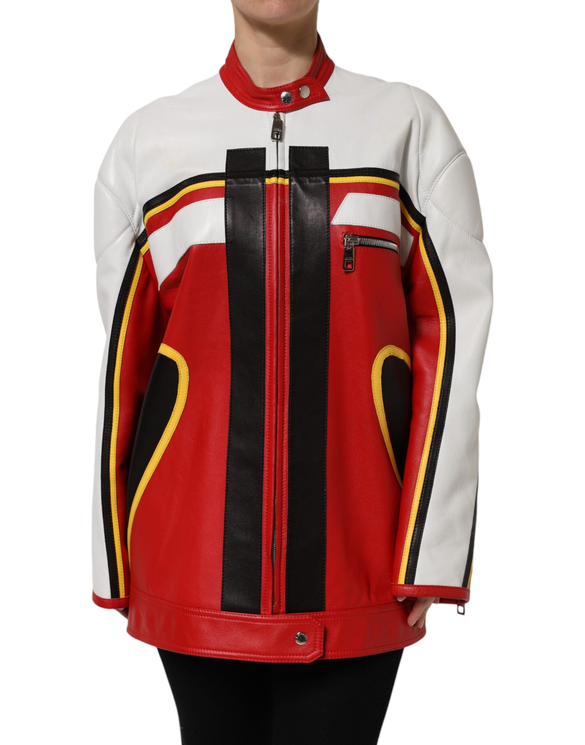 Veste en cuir multicolore Dolce & Gabbana avec zip intégral, style blouson biker, visible en détail.