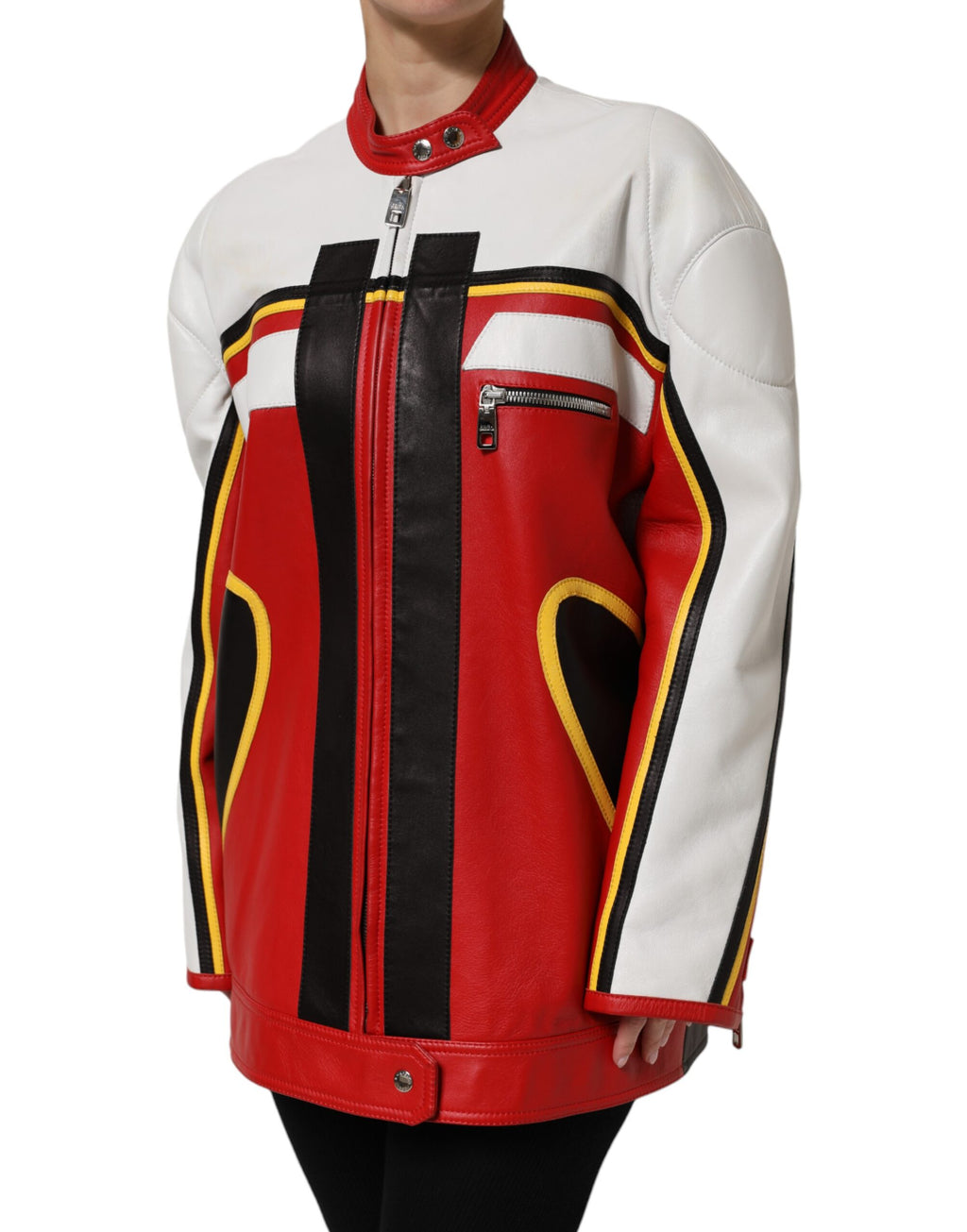 Veste en cuir multicolore Dolce & Gabbana, blouson biker à fermeture éclair complète, détail stylé et moderne.