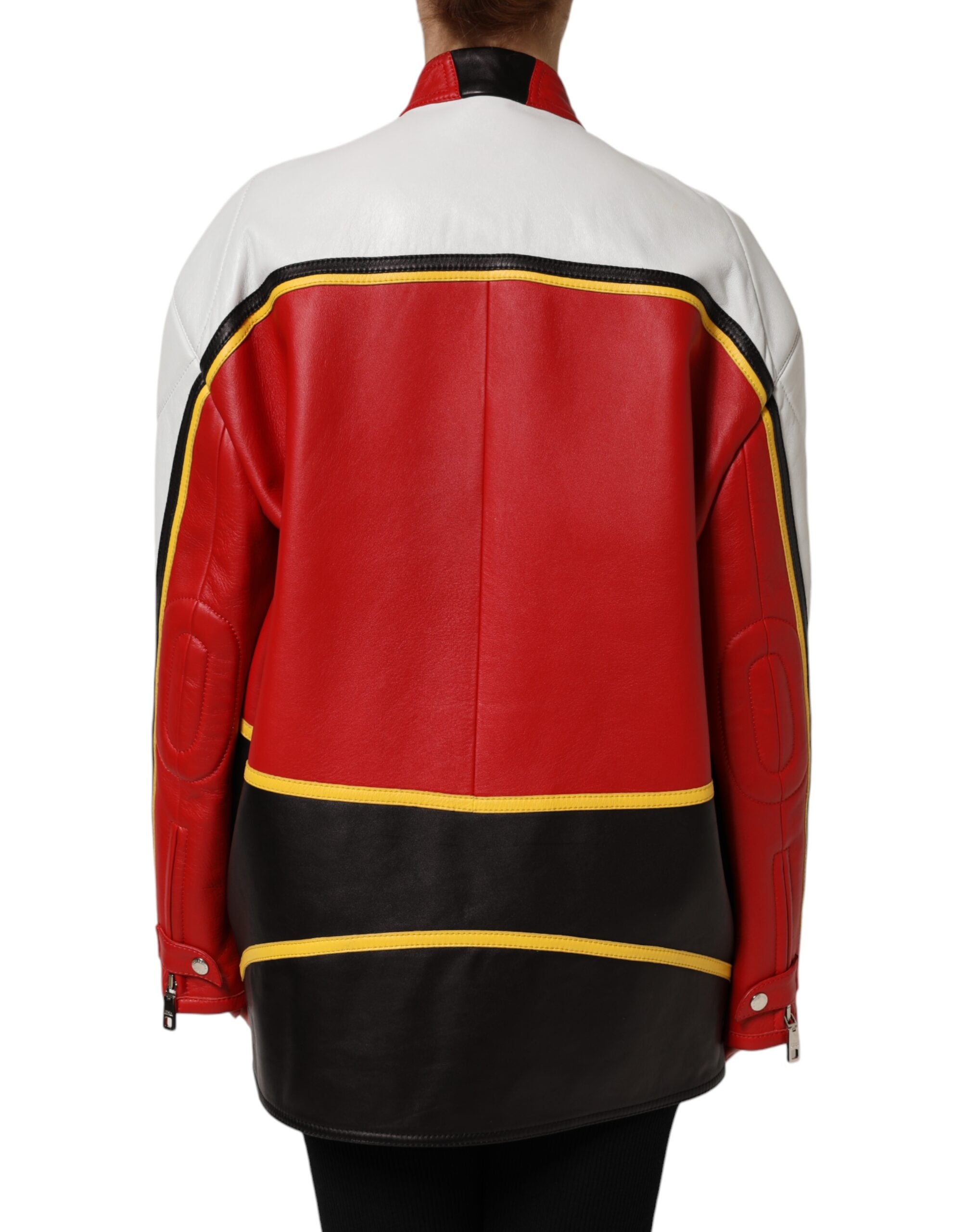 Manteau en cuir multicolore Dolce & Gabbana biker à fermeture éclair pleine longueur, style tendance et sophistiqué.