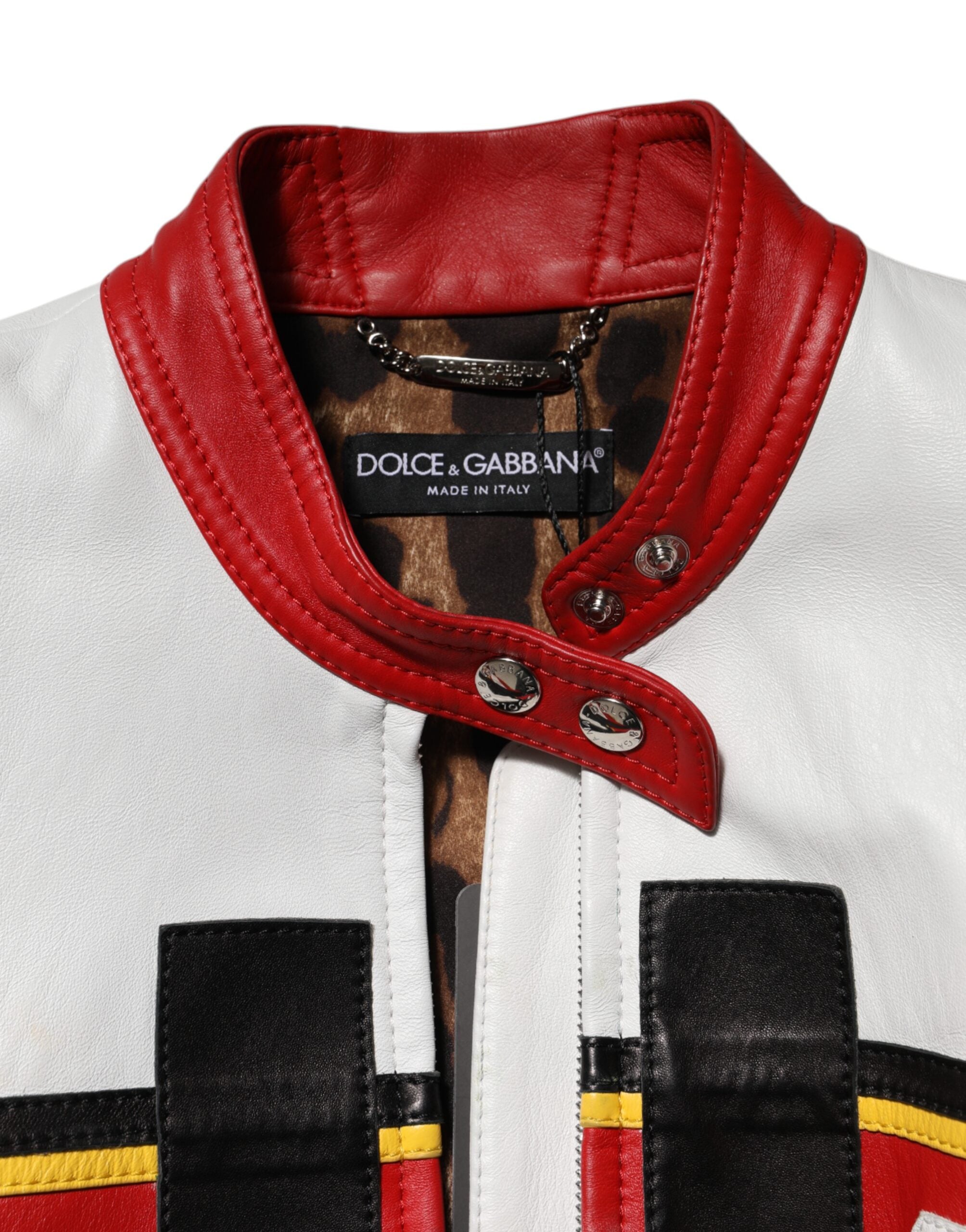 Blouson en cuir multicolore Dolce & Gabbana, veste biker à fermeture éclair complète, style tendance et sophistiqué.