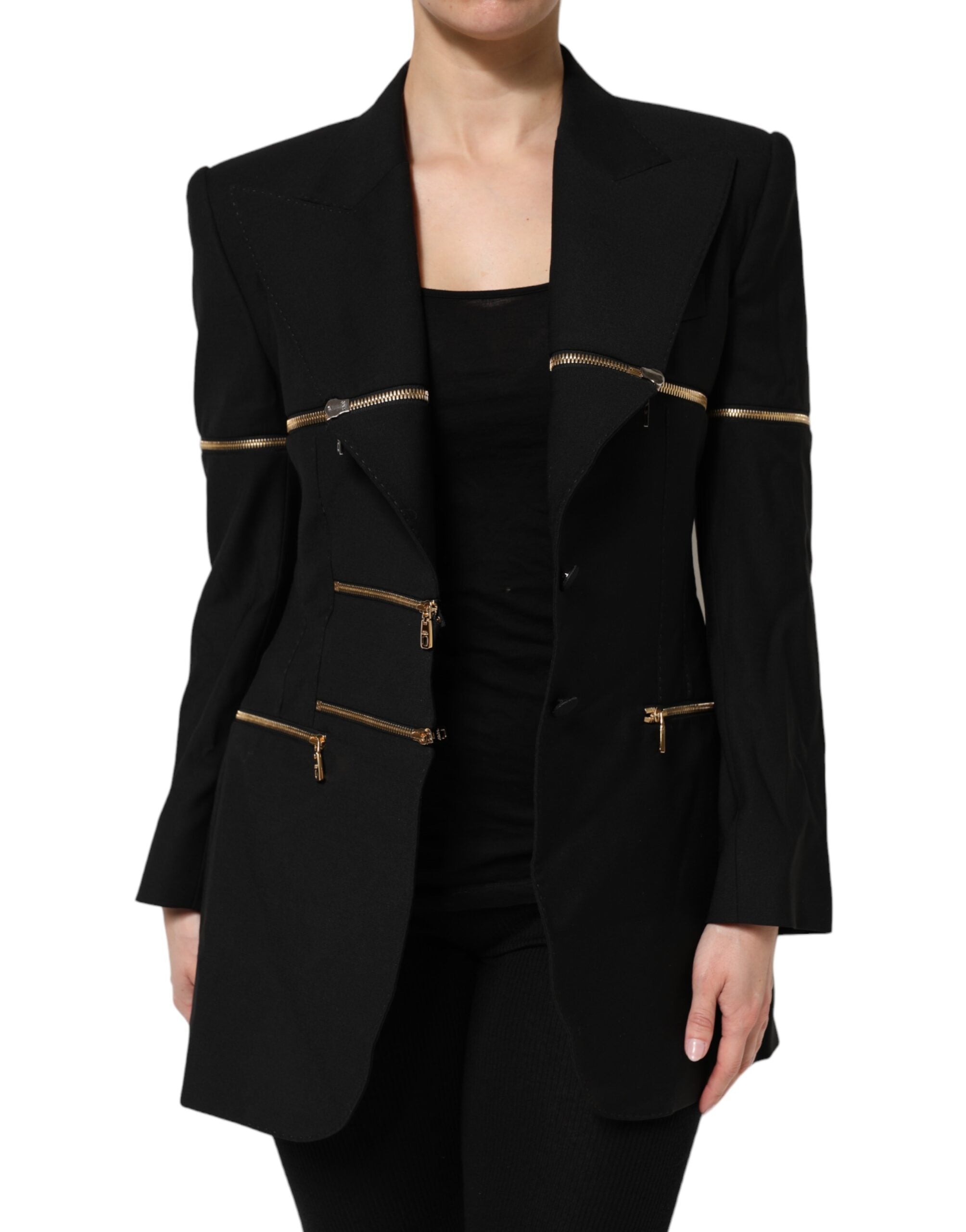 Veste blazer Dolce & Gabbana en laine noire avec fermeture éclair et détails élégants, vue de face sur fond neutre.