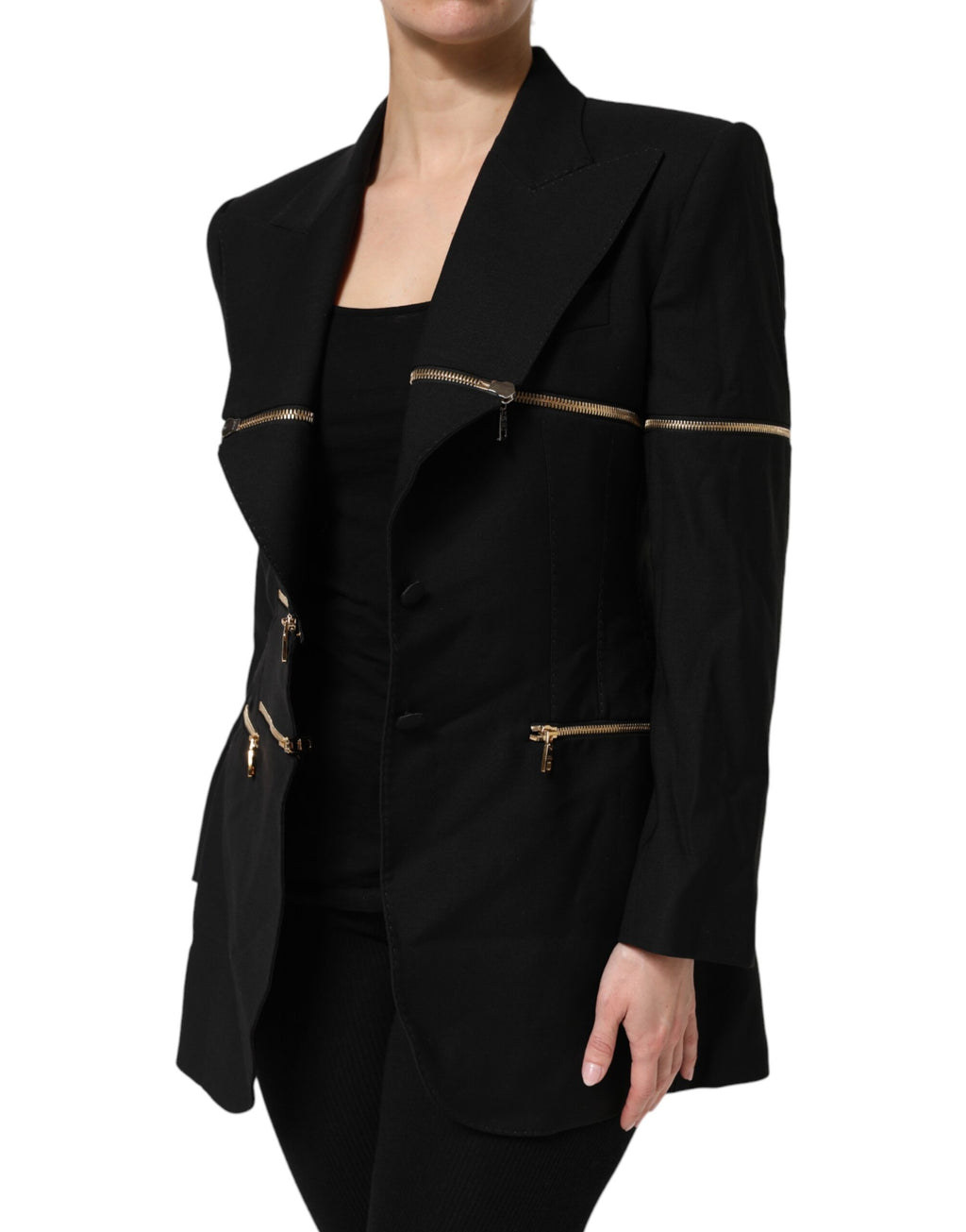 Blazer pour homme Dolce & Gabbana en laine noire avec détails de fermeture éclair et style élégant.