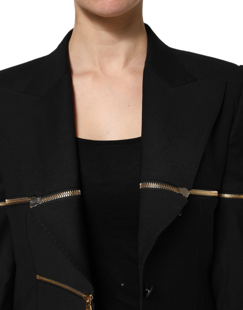 Veste blazer en laine noire Dolce & Gabbana avec détails de fermeture éclair et design élégant.
