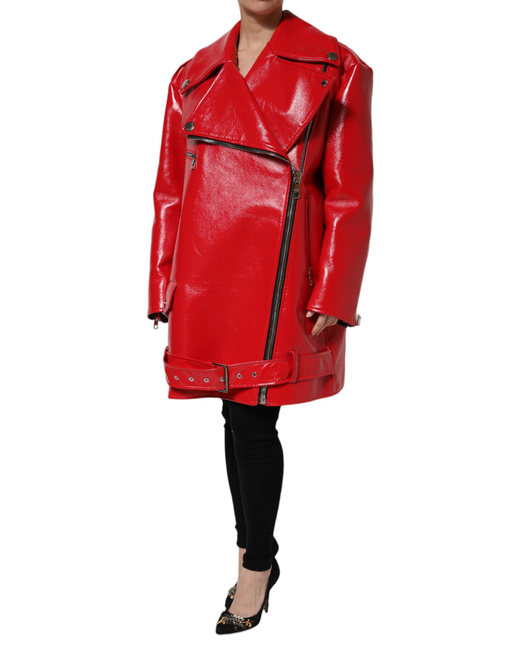 Veste zippée en cuir d'agneau rouge Dolce & Gabbana, vue de face avec fermeture éclair complète et détails élégants.
