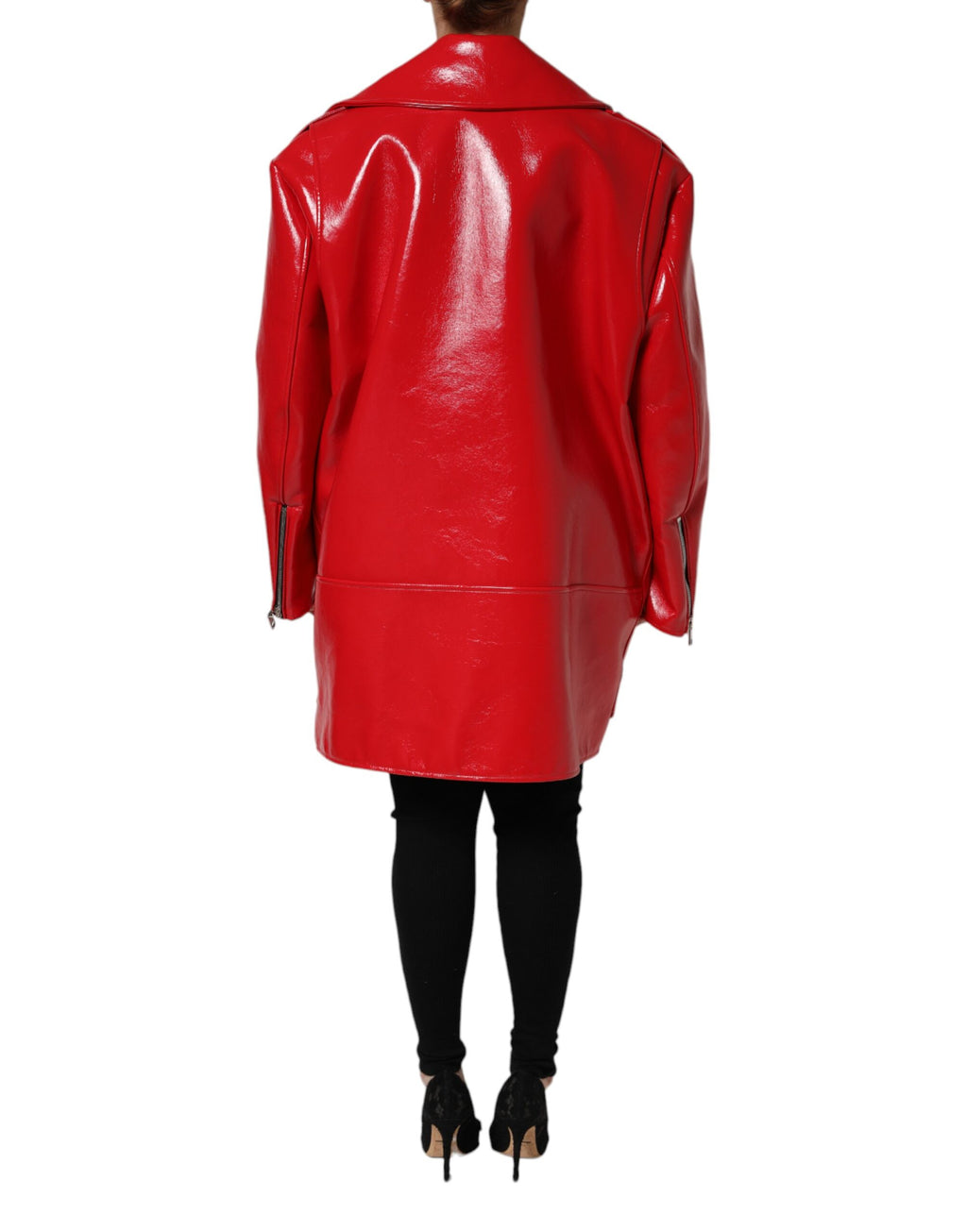 Veste en cuir d'agneau rouge Dolce & Gabbana avec fermeture éclair complète, style élégant et moderne.