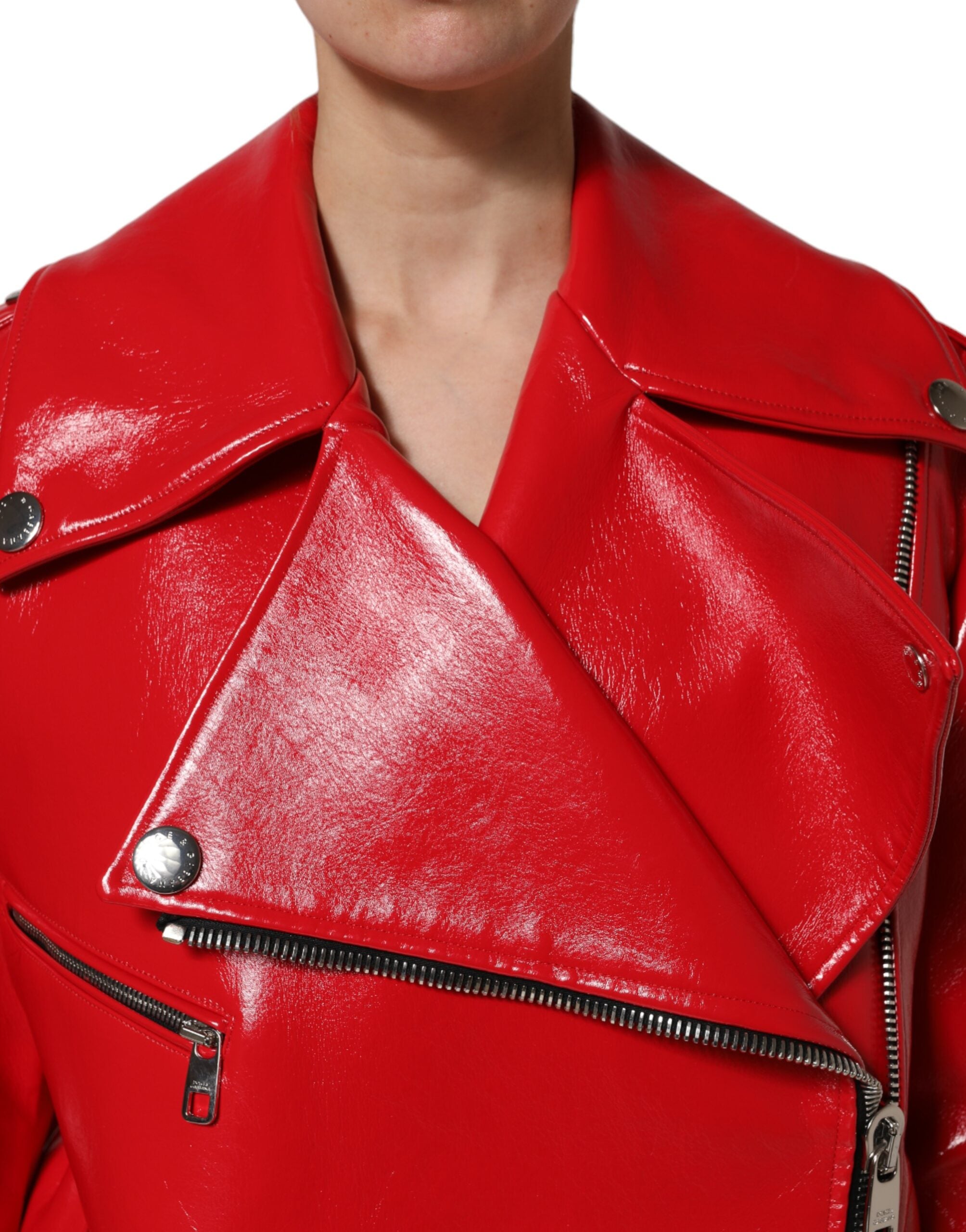 Veste en cuir d'agneau rouge avec fermeture éclair complète de la marque Dolce & Gabbana, vue de face