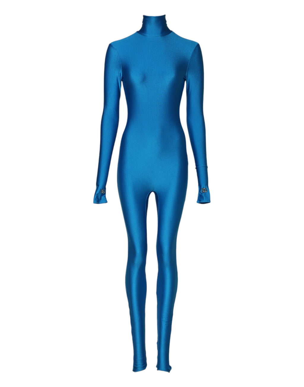 Combinaison moulante en nylon bleu de Dolce & Gabbana avec col roulé, élégante et ajustée, vue de face.