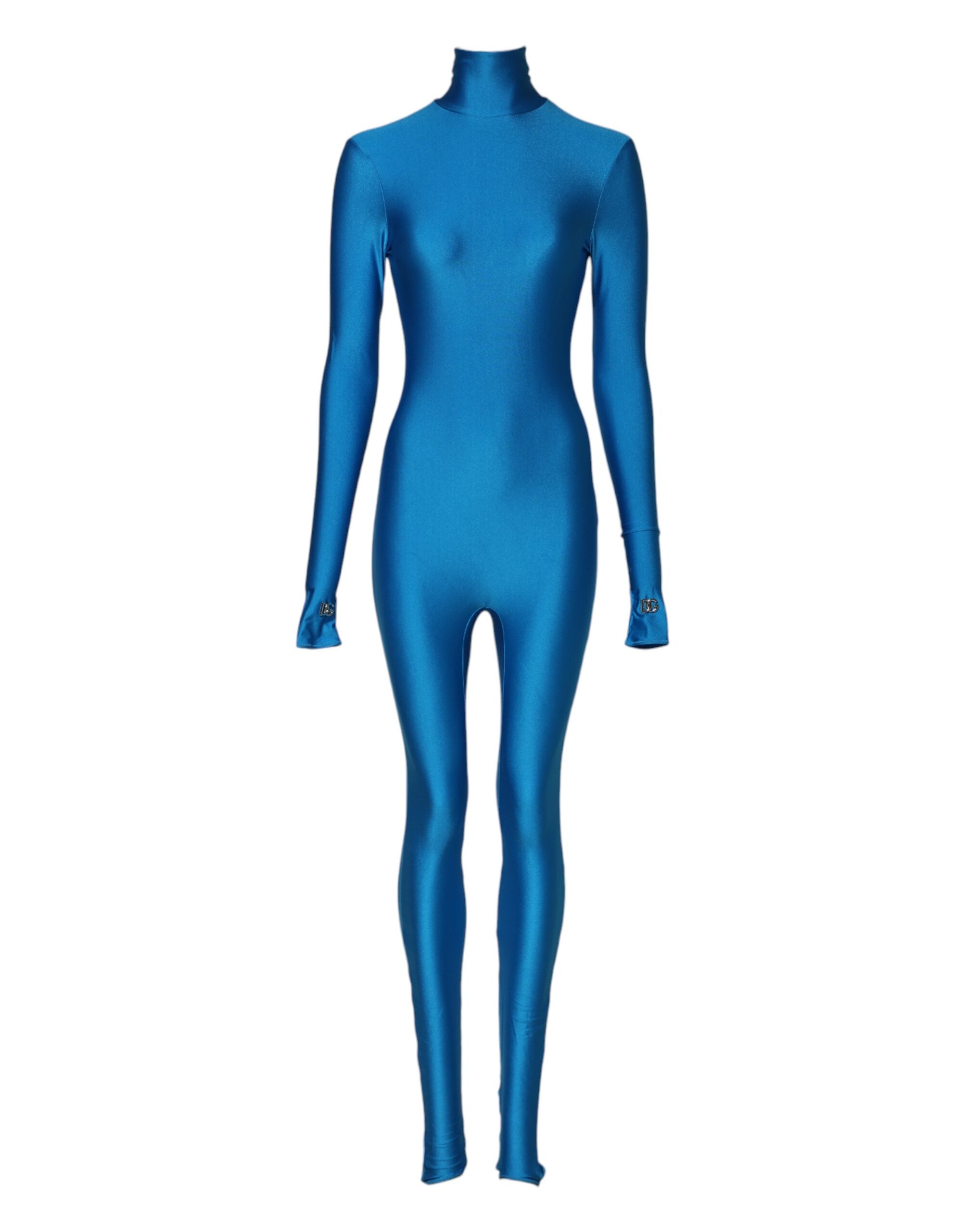 Combinaison moulante en nylon bleu de Dolce & Gabbana avec col roulé, ajustée à la taille, vue de face.