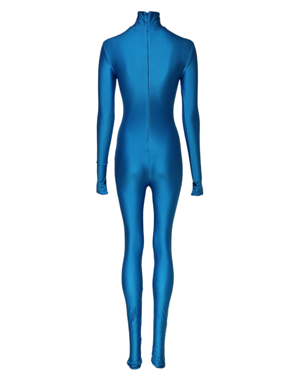 Combinaison moulante en nylon bleu Dolce & Gabbana avec col roulé, ajustée et élégante, portée sur un mannequin.