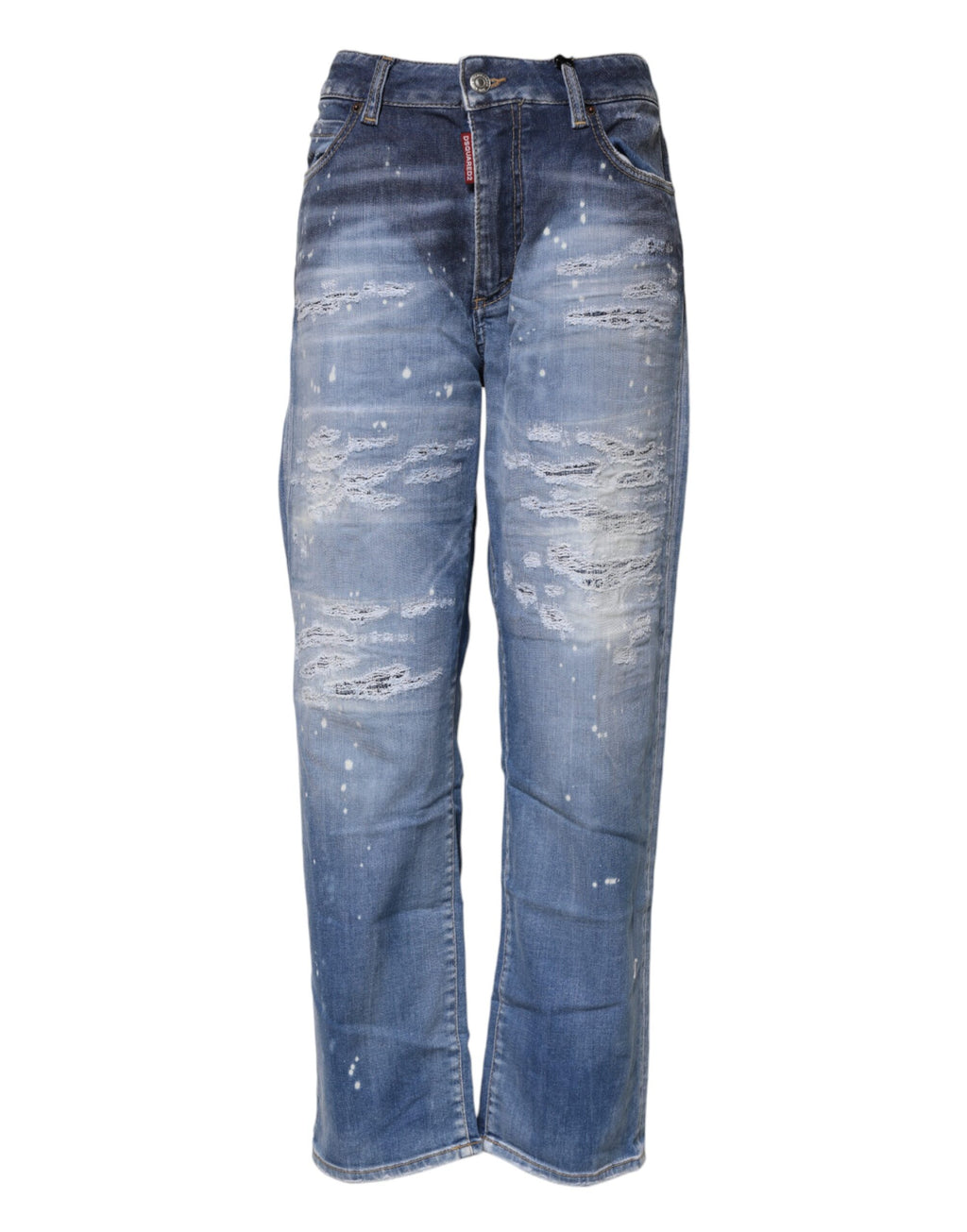 Jeans en denim bleu de coupe droite et déchirée à la taille moyenne de la marque Dsquared², visibles sur l'image.