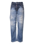 Jeans en denim bleu de coupe droite et déchirée à la taille moyenne de la marque Dsquared², visibles sur l'image.