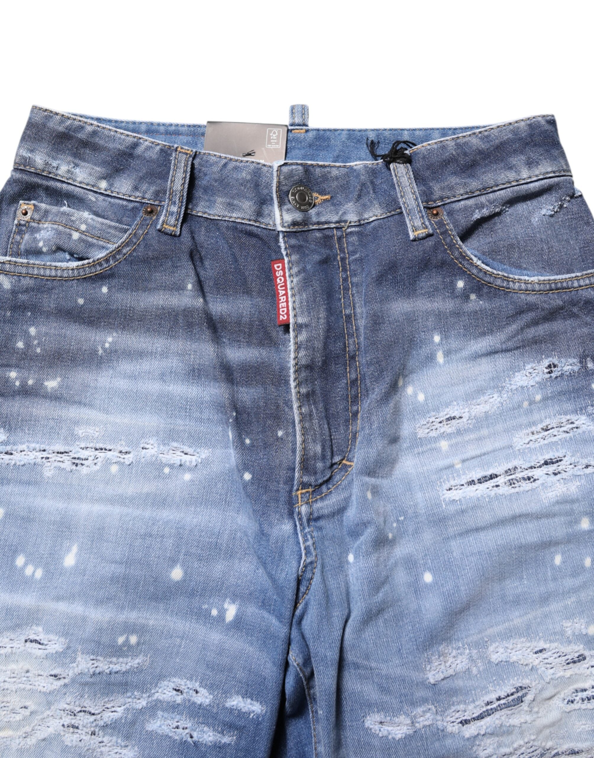Jeans en denim bleu déchiré à la taille moyenne, coupe droite, de la marque Dsquared².
