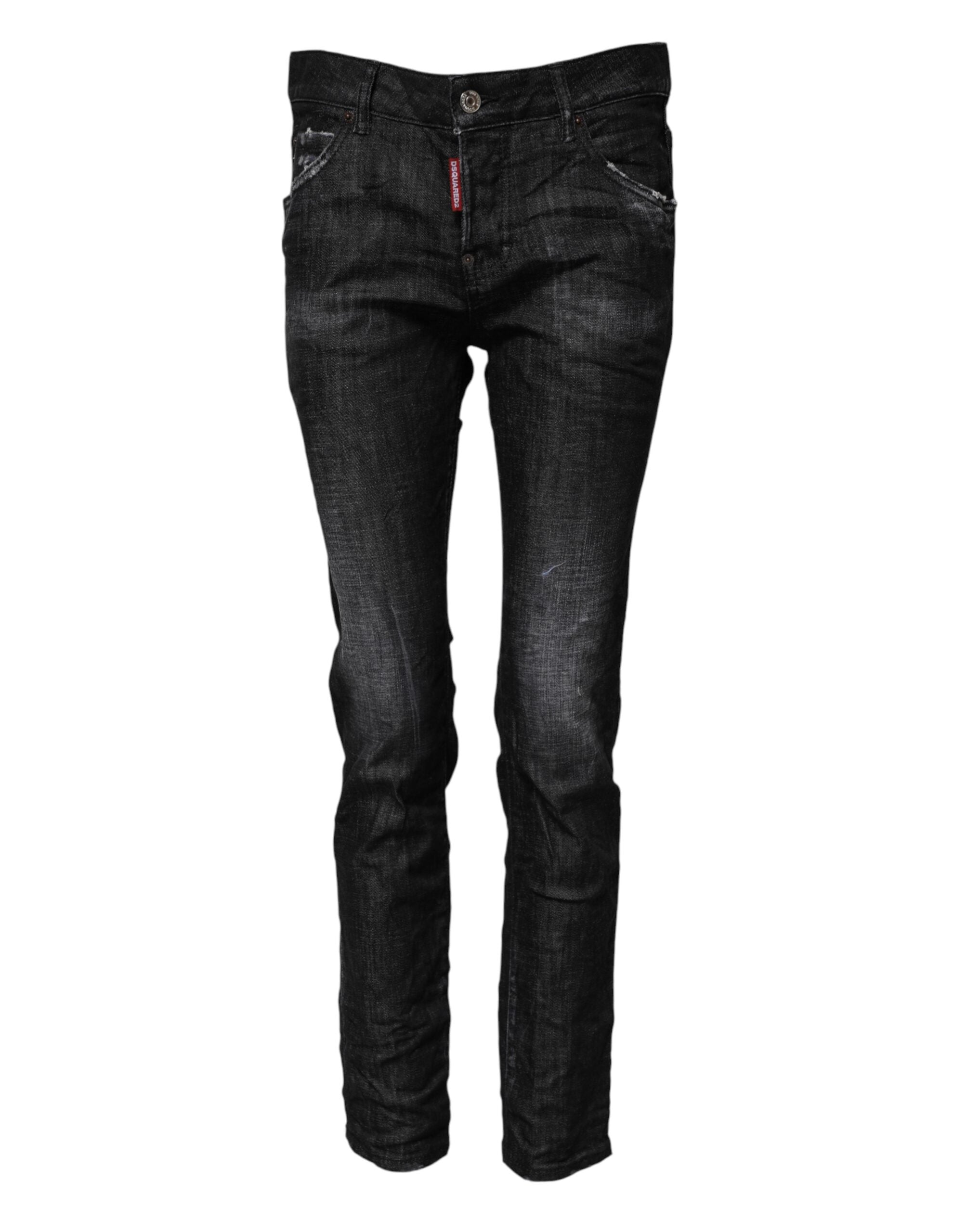 Jeans skinny en coton délavé noir de Dsquared², taille mi-haute, visibles avec détails de couture et finition décontractée.