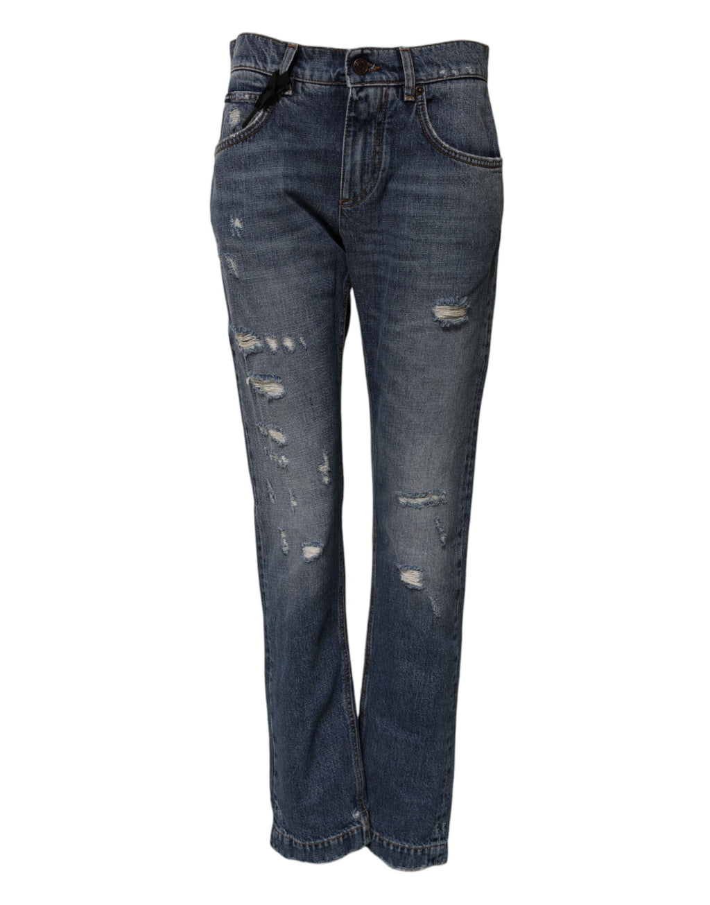 Jeans boyfriend en denim coton bleu déchiré de Dolce & Gabbana, style décontracté et tendance, visible avec détails usés.