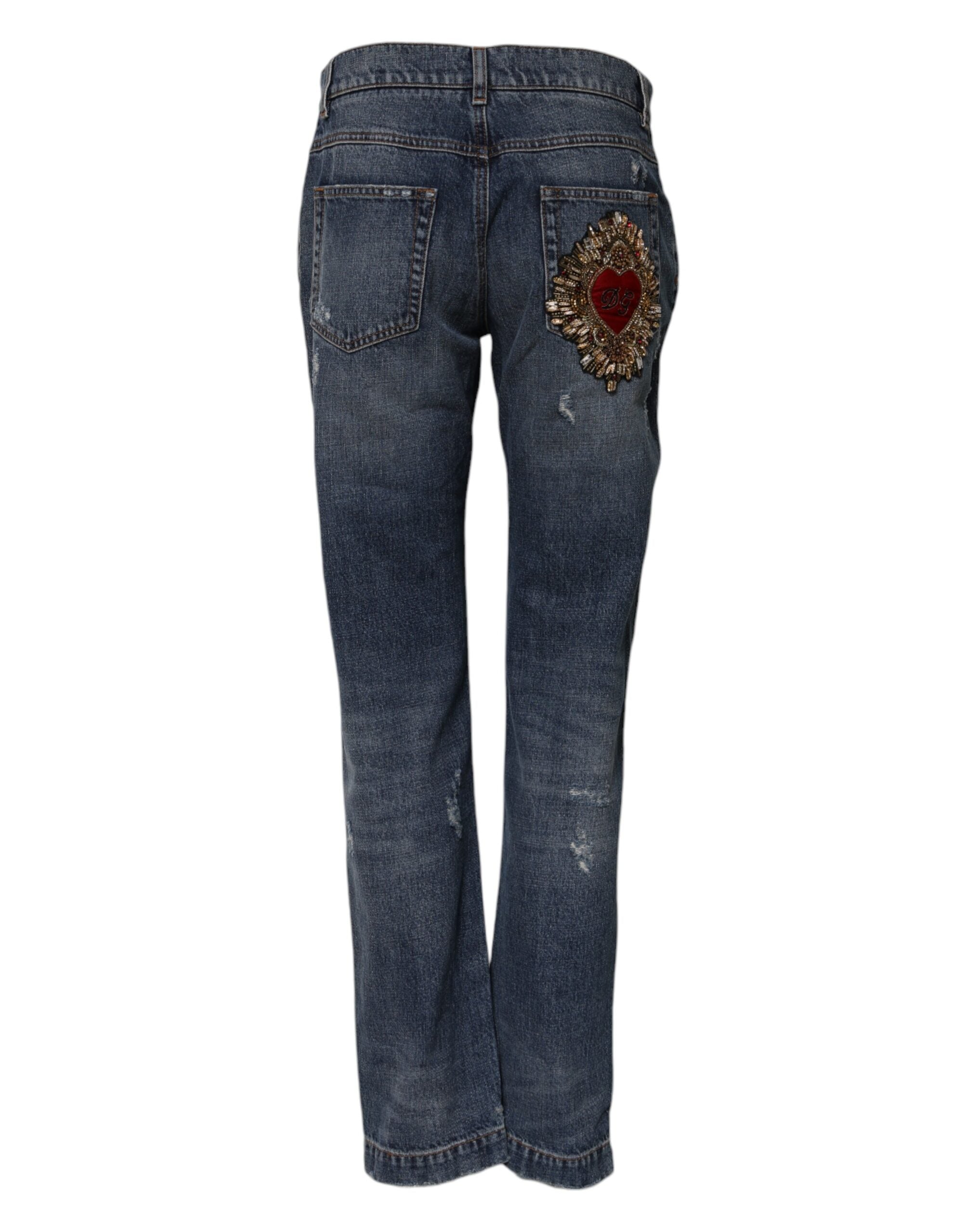 Jeans en denim bleu déchiré de style boyfriend Dolce & Gabbana, coton, avec détails usés et coupe décontractée.