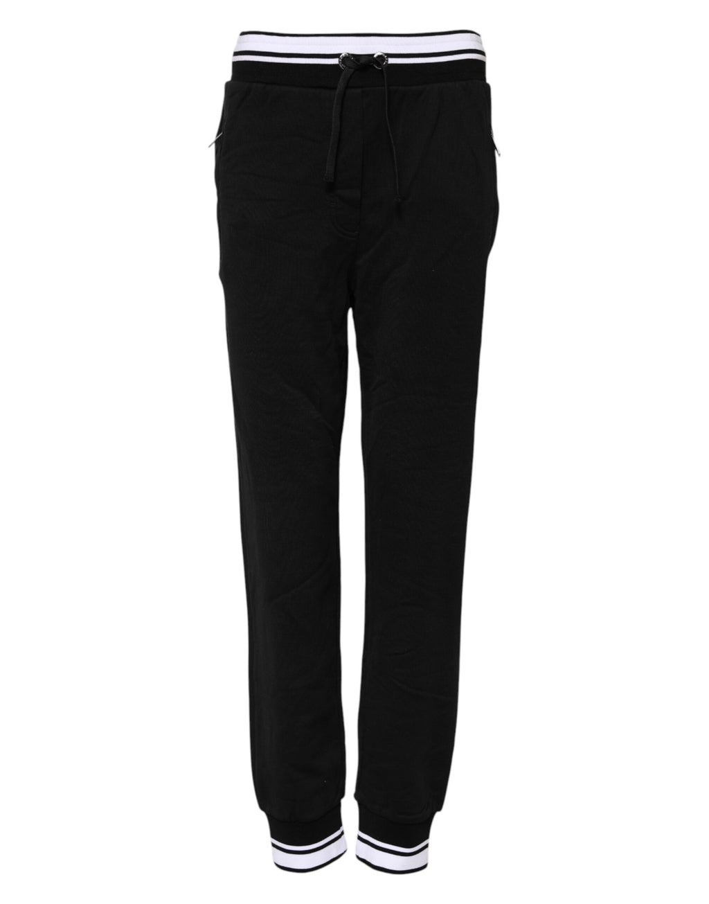 Pantalons joggers Dolce & Gabbana en coton noir à taille moyenne, vue de face, avec détails de couture visibles.